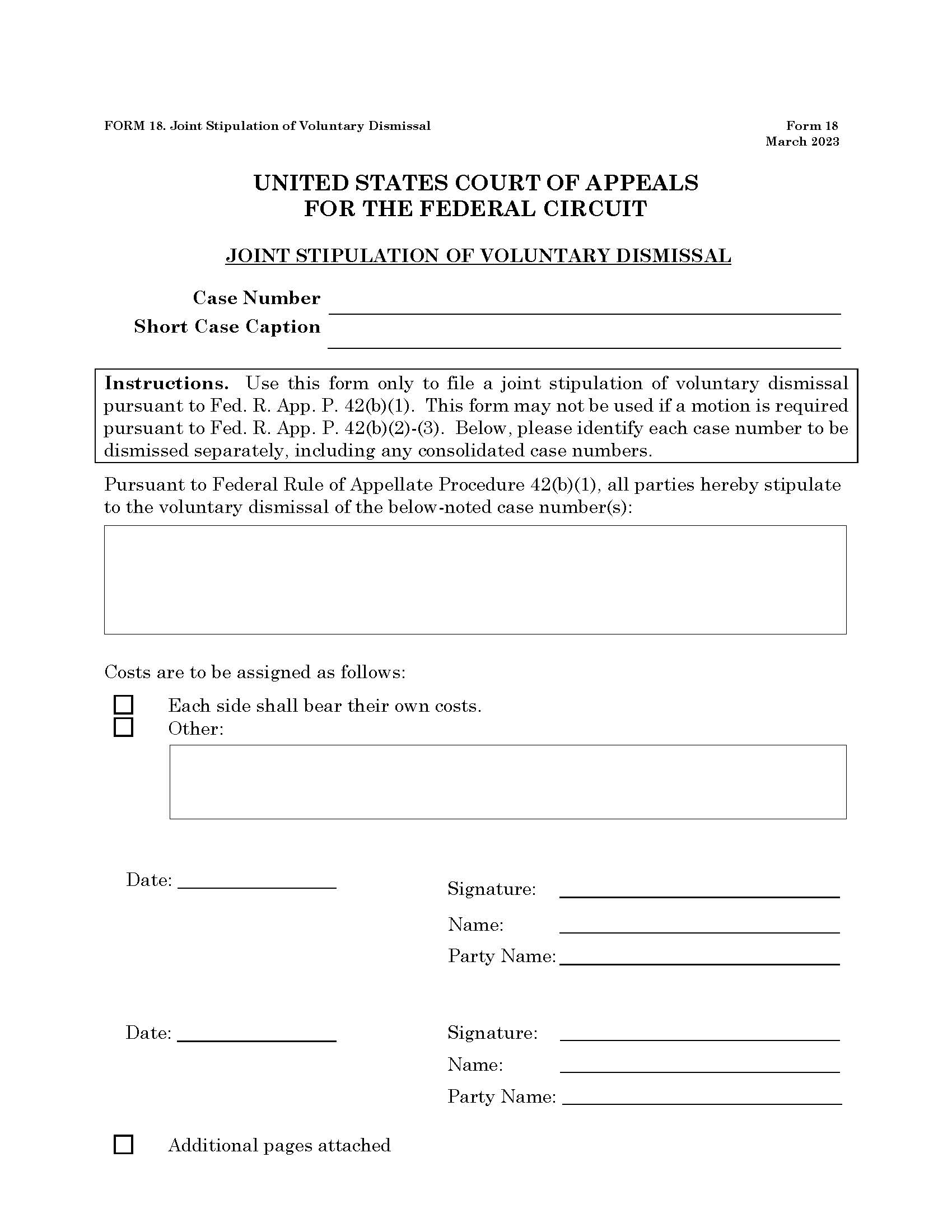 Form 18 Joint Stipulation Of Voluntary Dismissal {18} | Pdf Fpdf Docx | Official Federal Forms