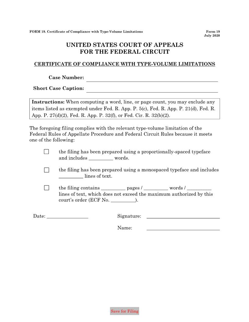 Form 19 Certificate Of Compliance With Rule 32(a) {19} | Pdf Fpdf Doc Docx | Official Federal Forms