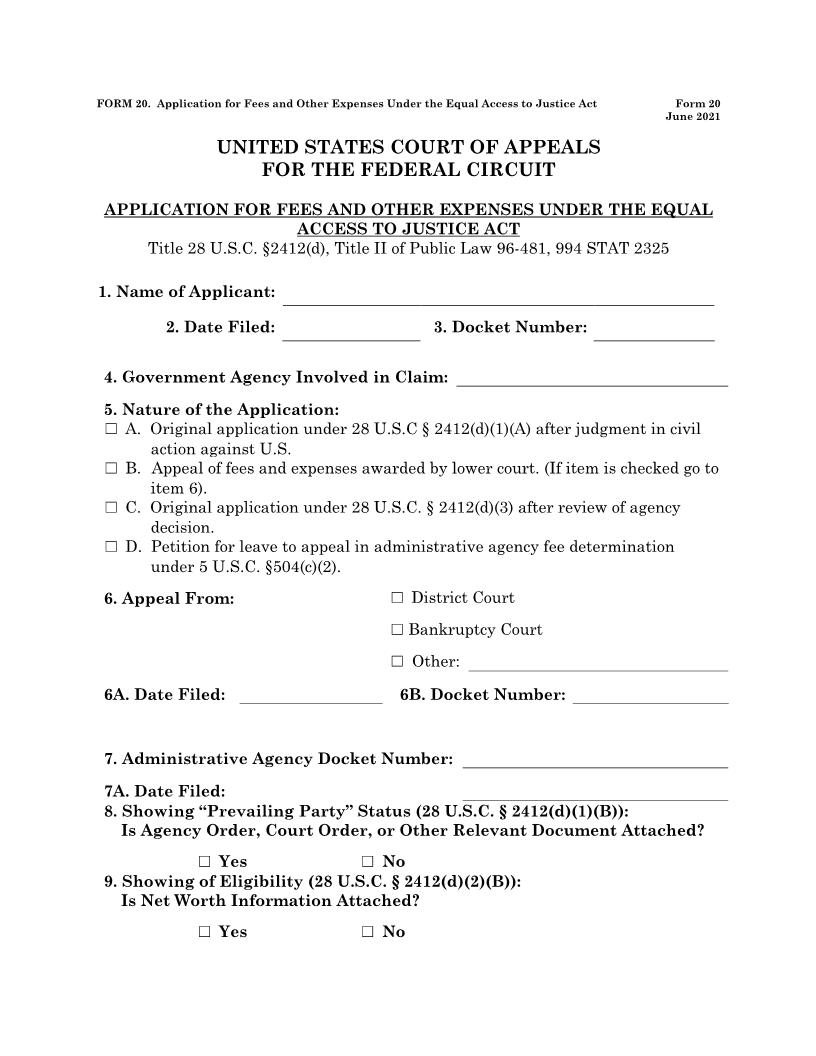 Form 20  Application For Fees And Other Expenses Under The Equal Access To Justice Act {20} | Pdf Fpdf Doc Docx | Official Federal Forms