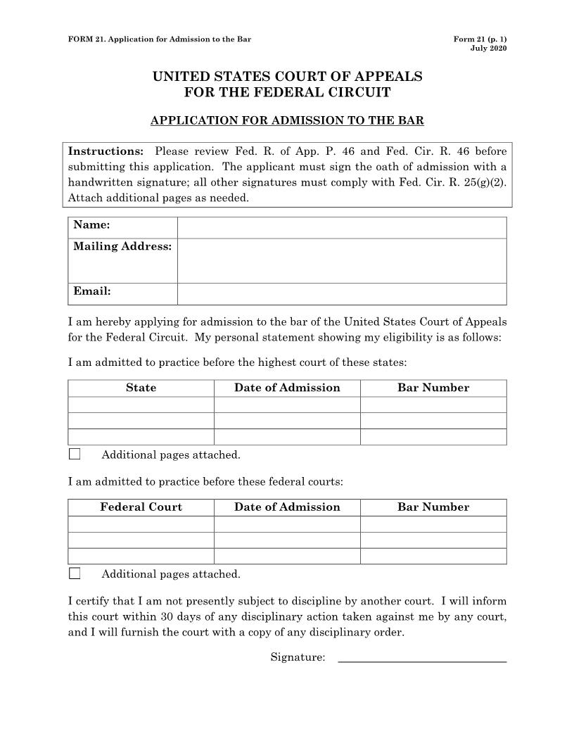 Form 21 Application For Admission To The Bar {21} | Pdf Fpdf Doc Docx | Official Federal Forms