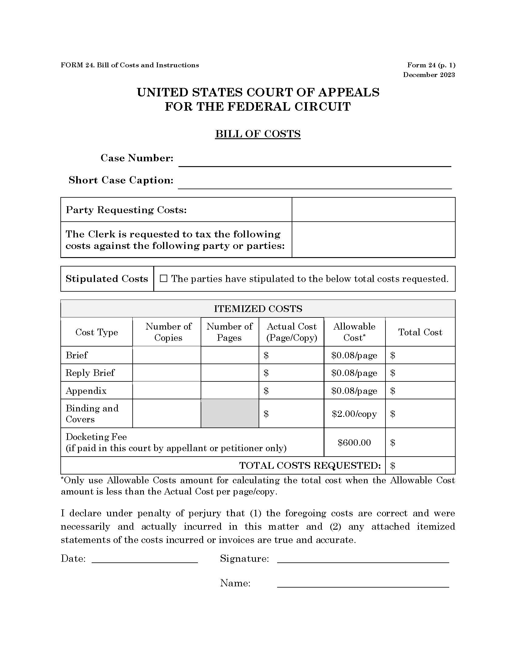 Form 24 Bill Of Costs {24} | Pdf Fpdf Doc Docx | Official Federal Forms