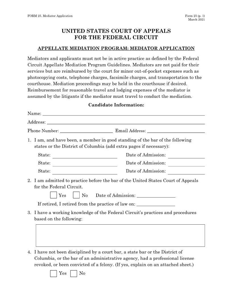 Form 25 Mediator Application {25} | Pdf Fpdf Doc Docx | Official Federal Forms