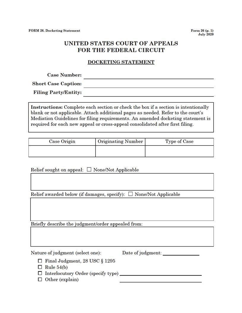 Form 26 Docketing Statement {26} | Pdf Fpdf Doc Docx | Official Federal Forms
