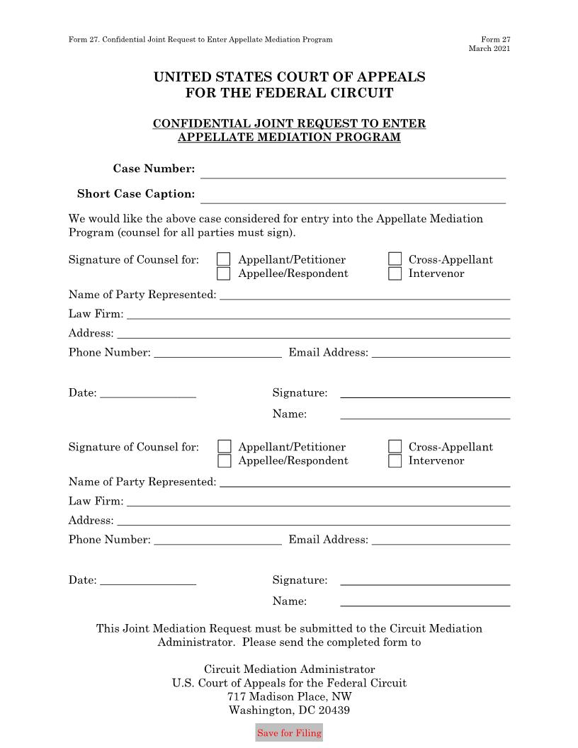 Form 27 Confidential Joint Request To Enter Appellate Mediation Program {27} | Pdf Fpdf Doc Docx | Official Federal Forms