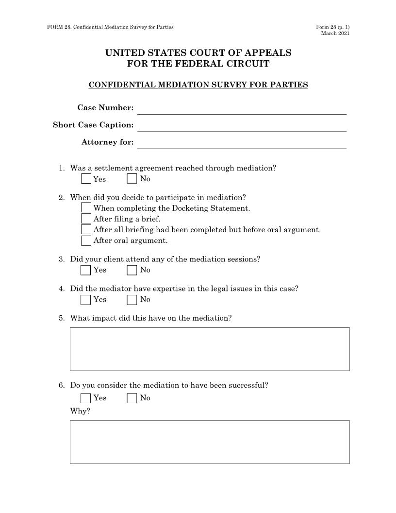 Form 28 Confidential Mediation Survey For Parties {28} | Pdf Fpdf Doc Docx | Official Federal Forms