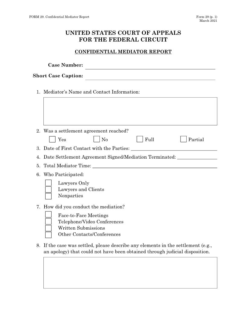 Form 29 Confidential Mediator Report {29} | Pdf Fpdf Doc Docx | Official Federal Forms