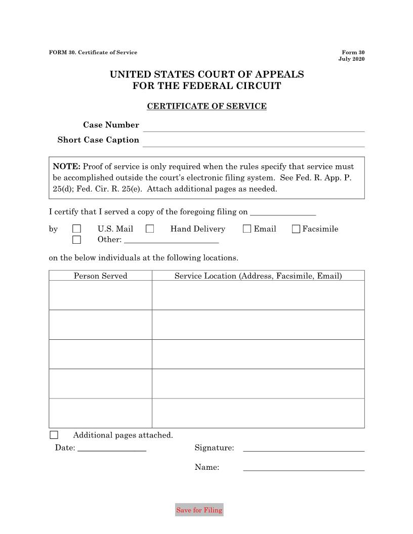 Form 30 Certificate Of Service {30} | Pdf Fpdf Doc Docx | Official Federal Forms