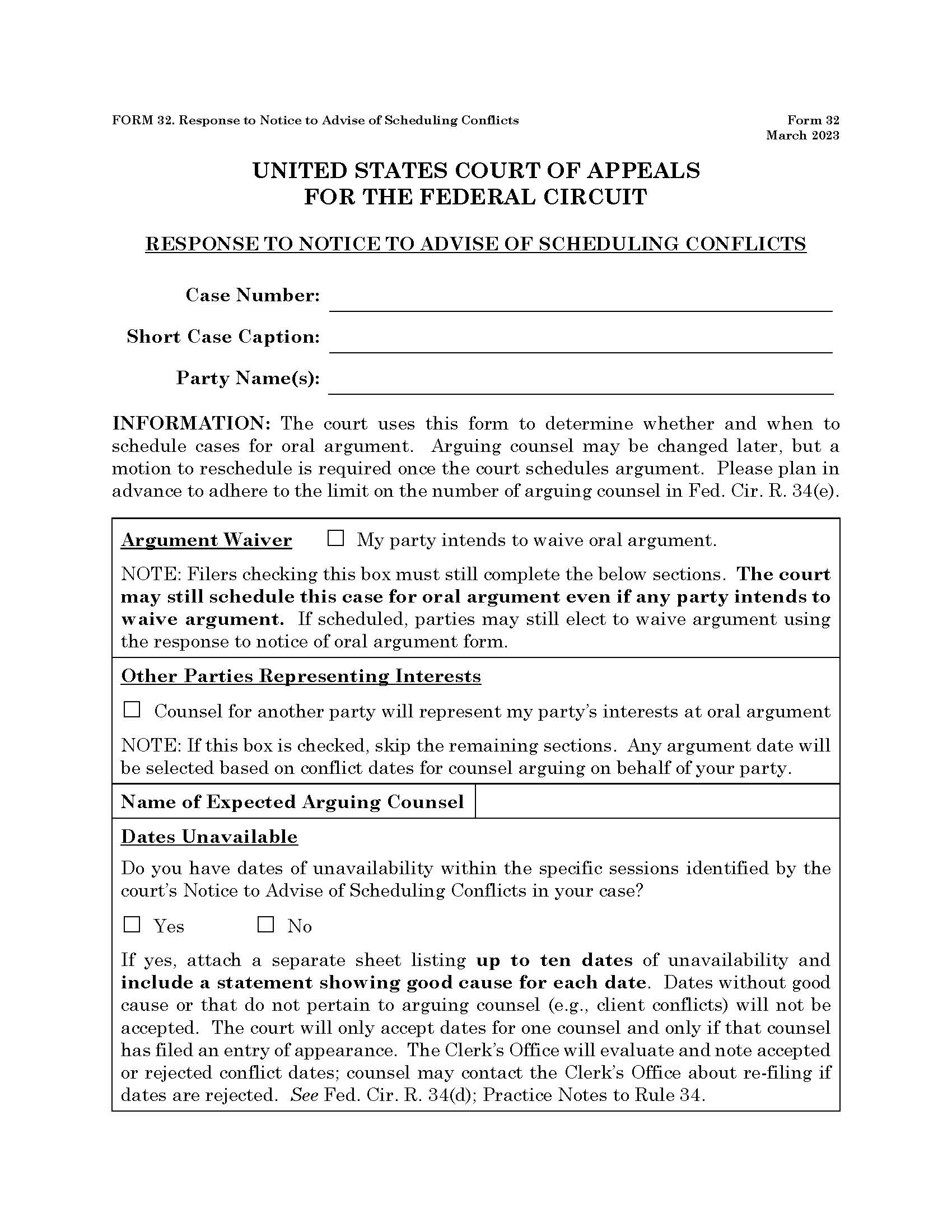 Form 32 Response To Notice To Advise Of Scheduling Conflicts {32} | Pdf Fpdf Docx | Official Federal Forms