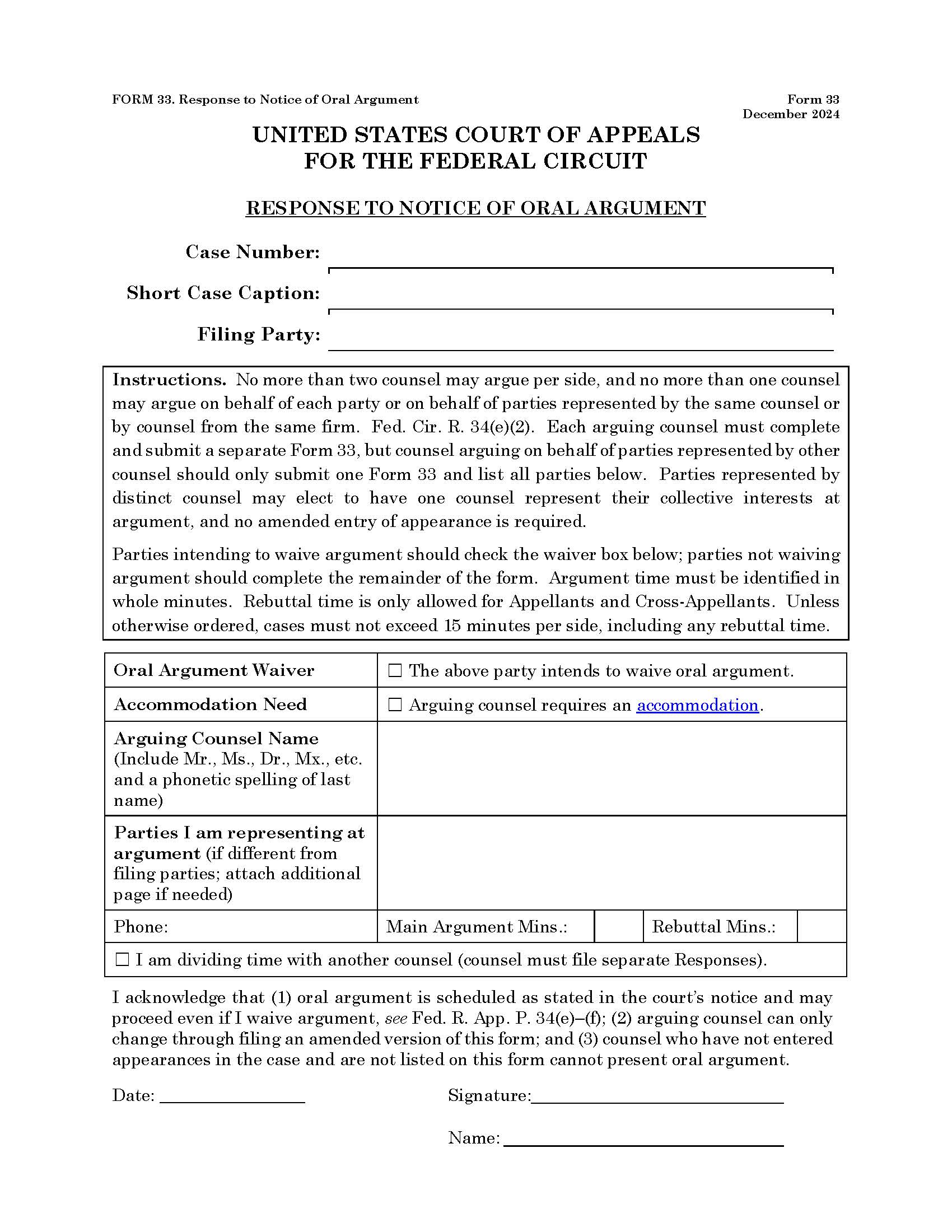 Form 33 Response To Notice Of Oral Argument {33} | Pdf Fpdf Docx | Official Federal Forms