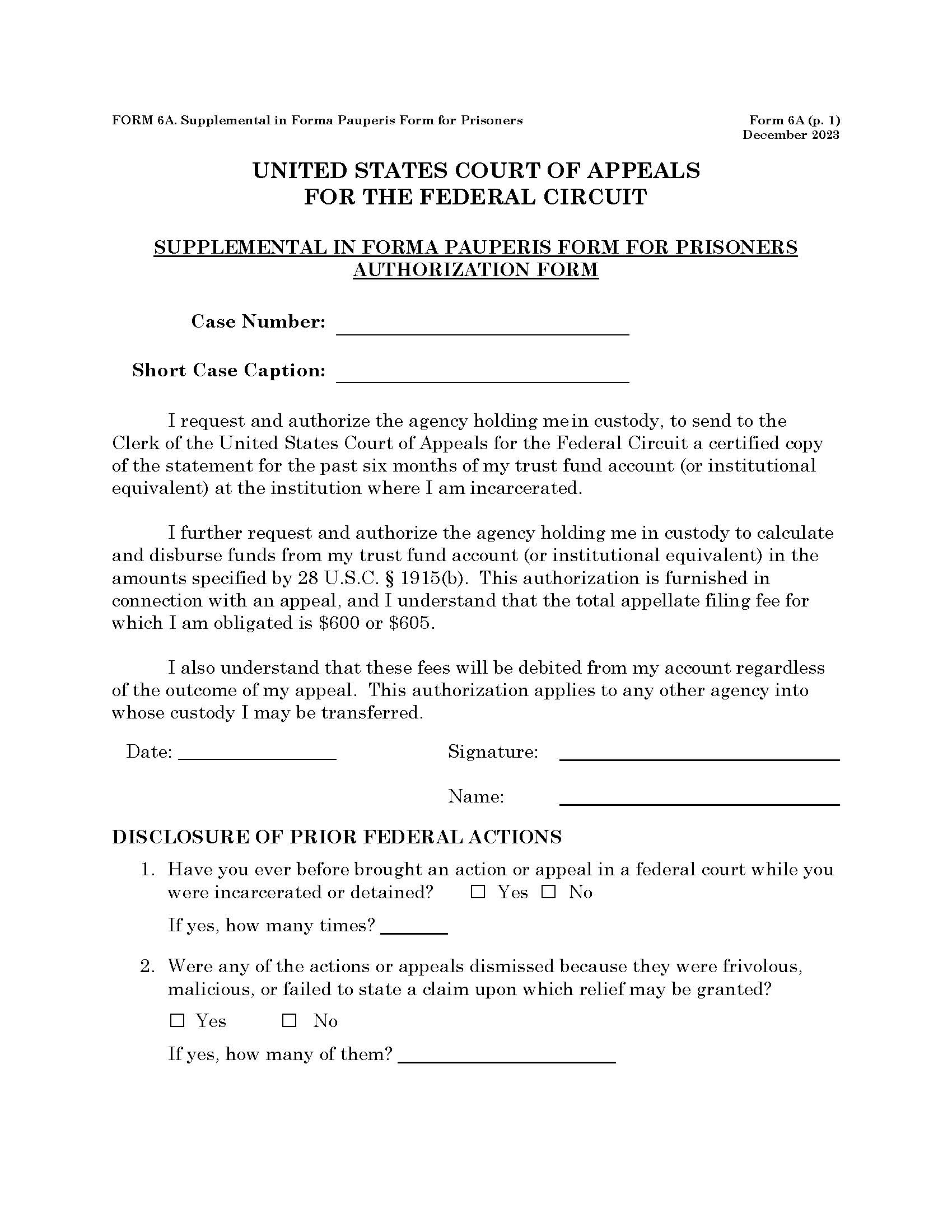 Form 6A Supplemental In Forma Pauperis Form For Prisoners {6A} | Pdf Fpdf Doc Docx | Official Federal Forms