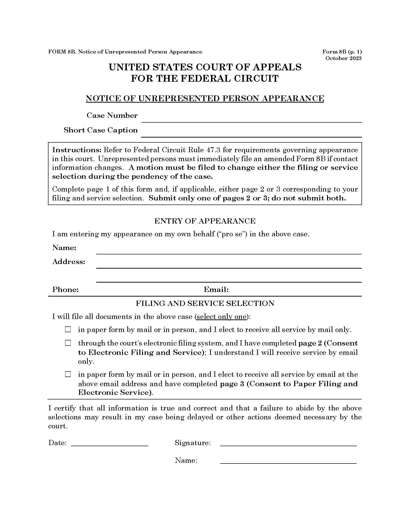 Form 8B Notice Of Unrepresented Person Appearance {08B} | Pdf Fpdf Docx | Official Federal Forms