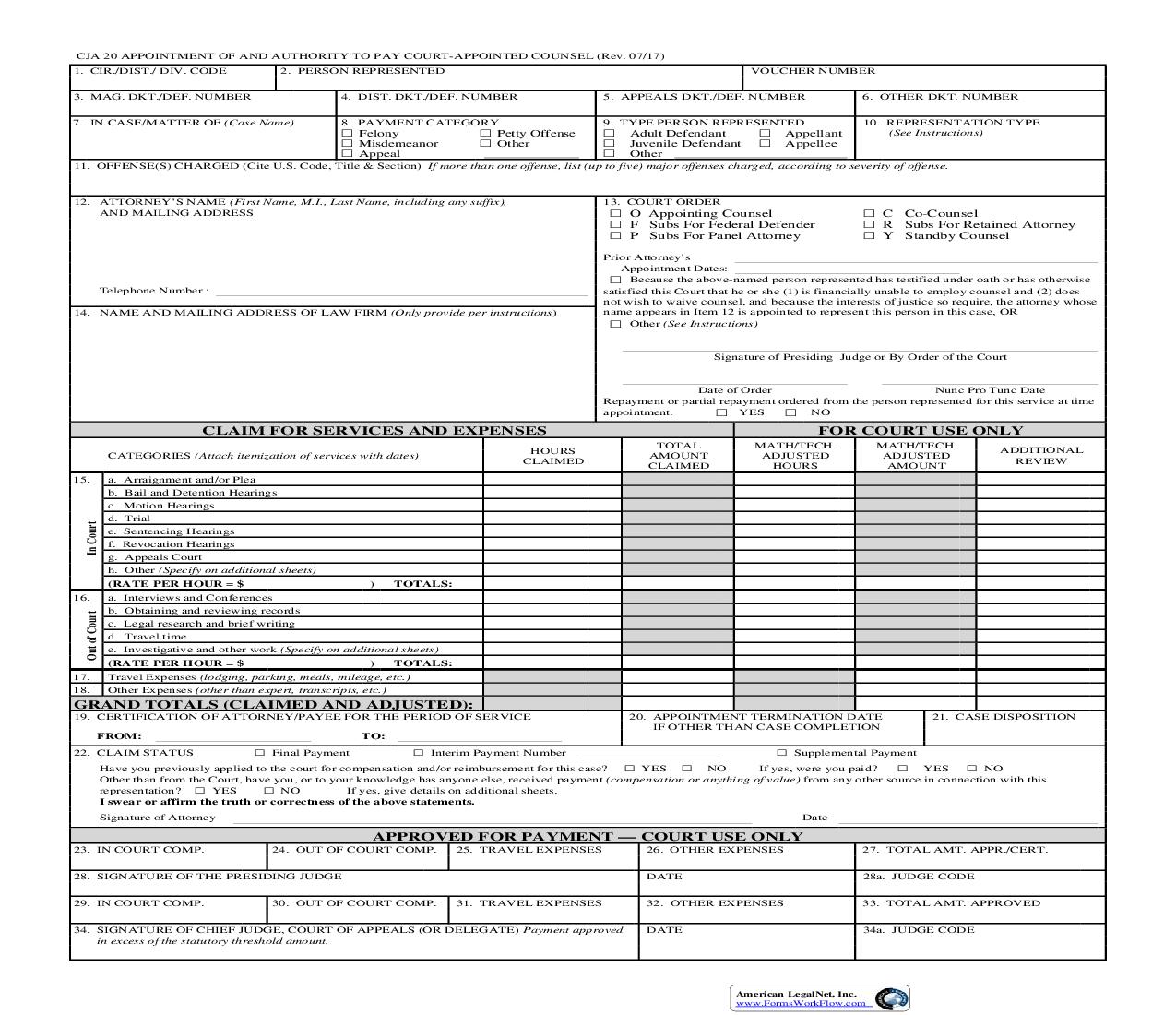 Appointment Of And Authority To Pay Court Appointed Counsel {CJA 20} | Pdf Fpdf Doc Docx | Official Federal Forms