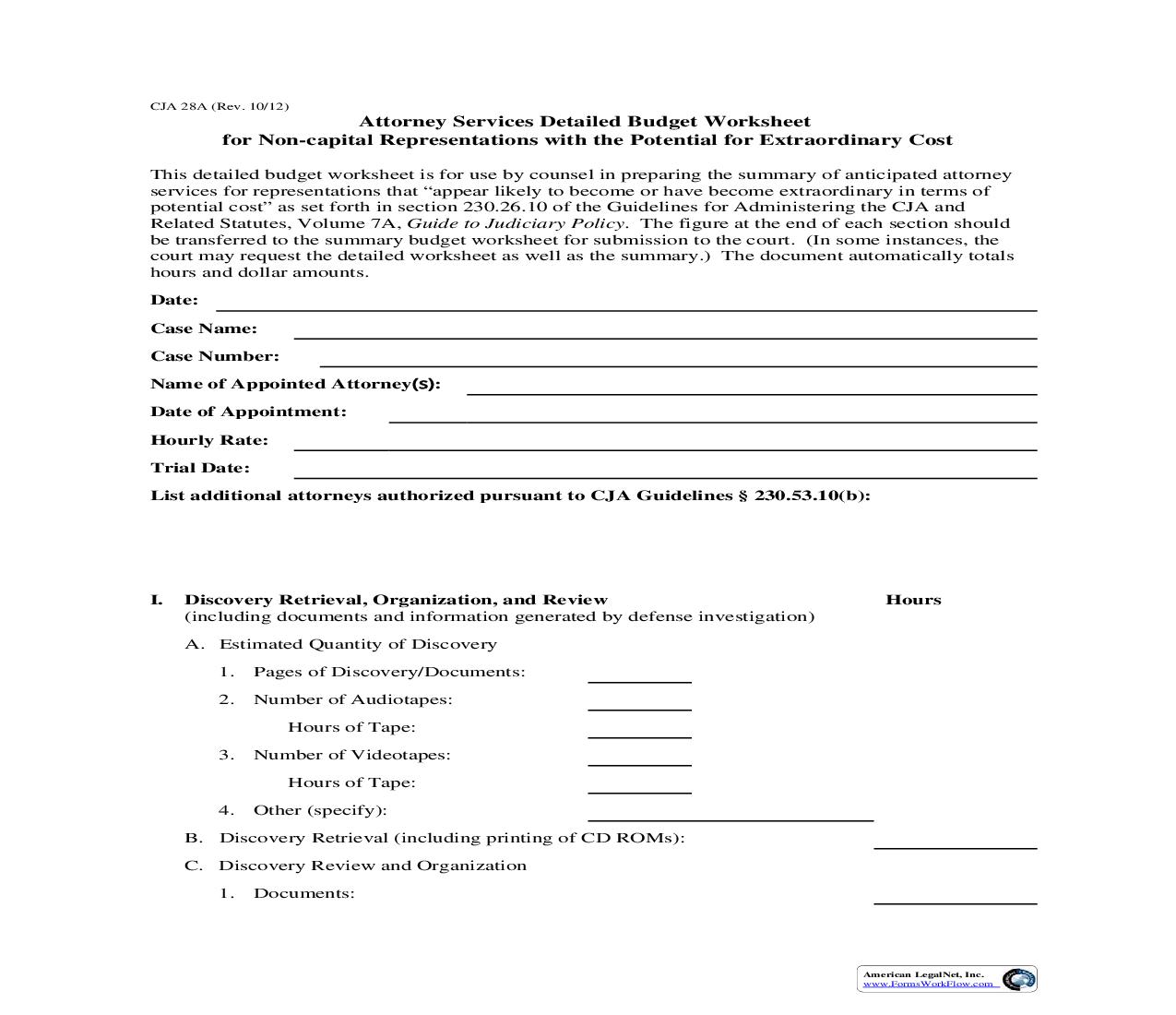 Attorney Services Detailed Budget Worksheet {CJA 28A} | Pdf Fpdf Doc Docx | Official Federal Forms