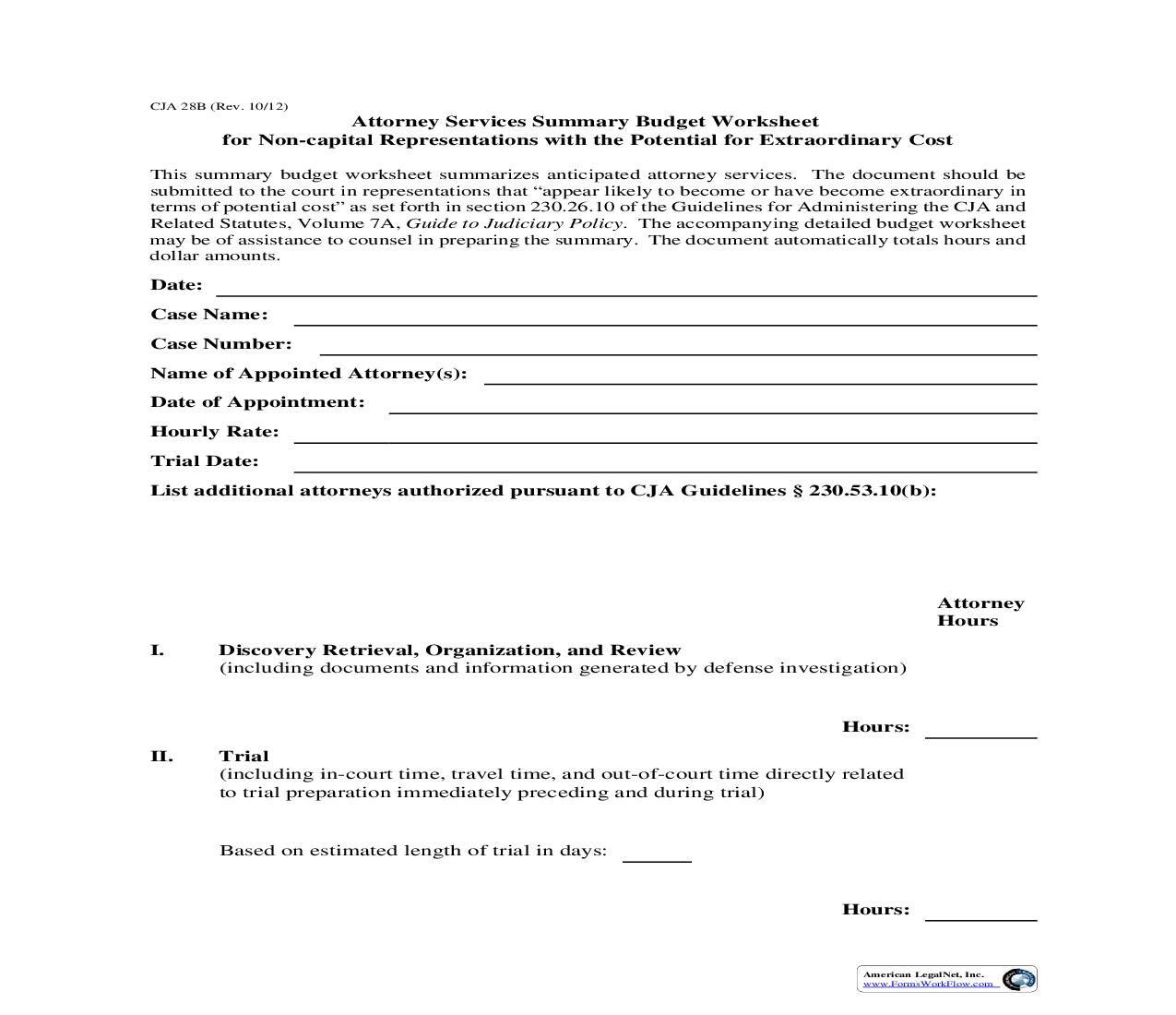 Attorney Services Summary Budget Worksheet {CJA 28B} | Pdf Fpdf Doc Docx | Official Federal Forms