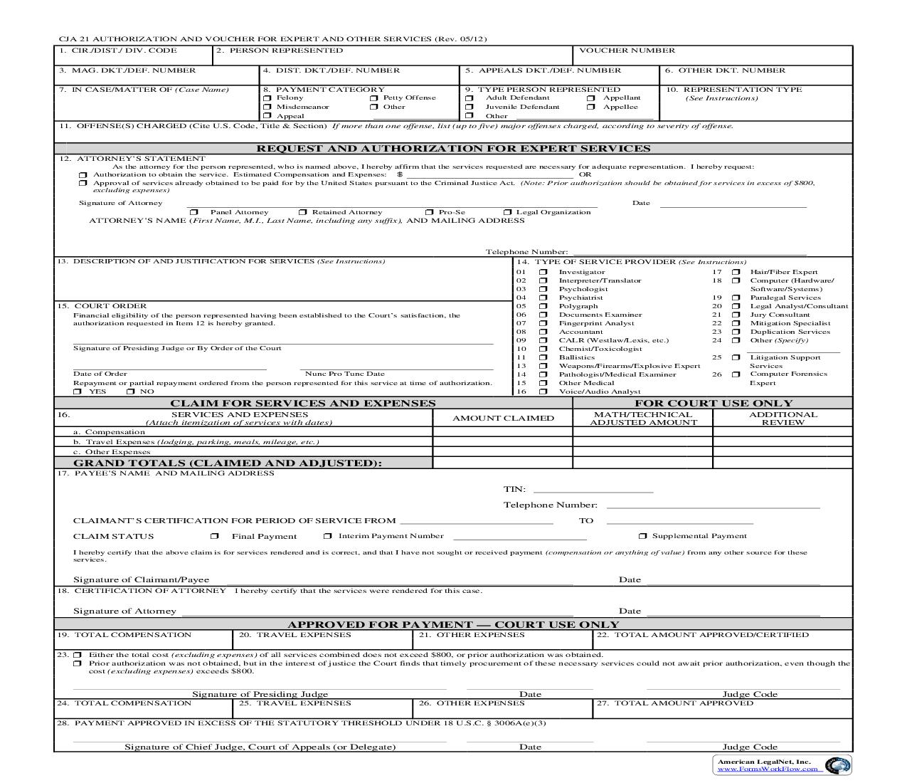 Authorization And Voucher For Expert And Other Services {CJA 21} | Pdf Fpdf Doc Docx | Official Federal Forms