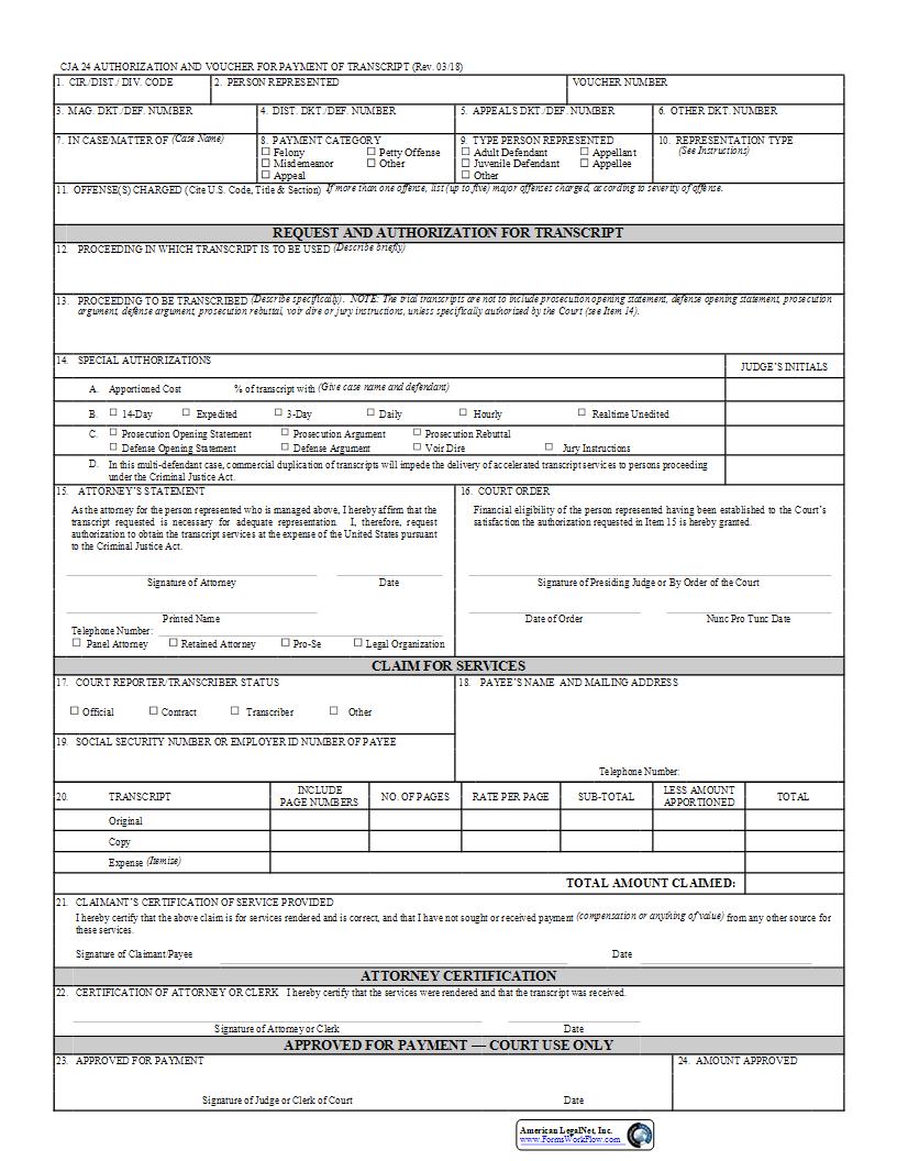 Authorization And Voucher For Payment Of Transcript {CJA 24} | Pdf Fpdf Docx | Official Federal Forms