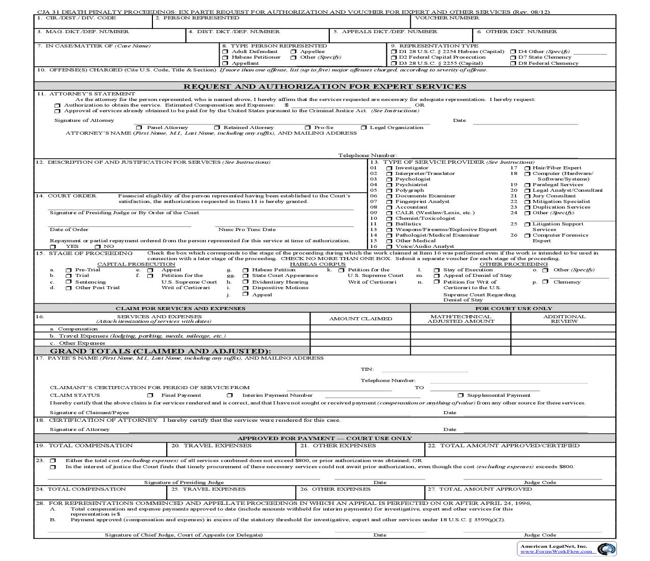 Ex Parte Request For Authorization And Voucher For Expert And Other Services {CJA 31} | Pdf Fpdf Doc Docx | Official Federal Forms