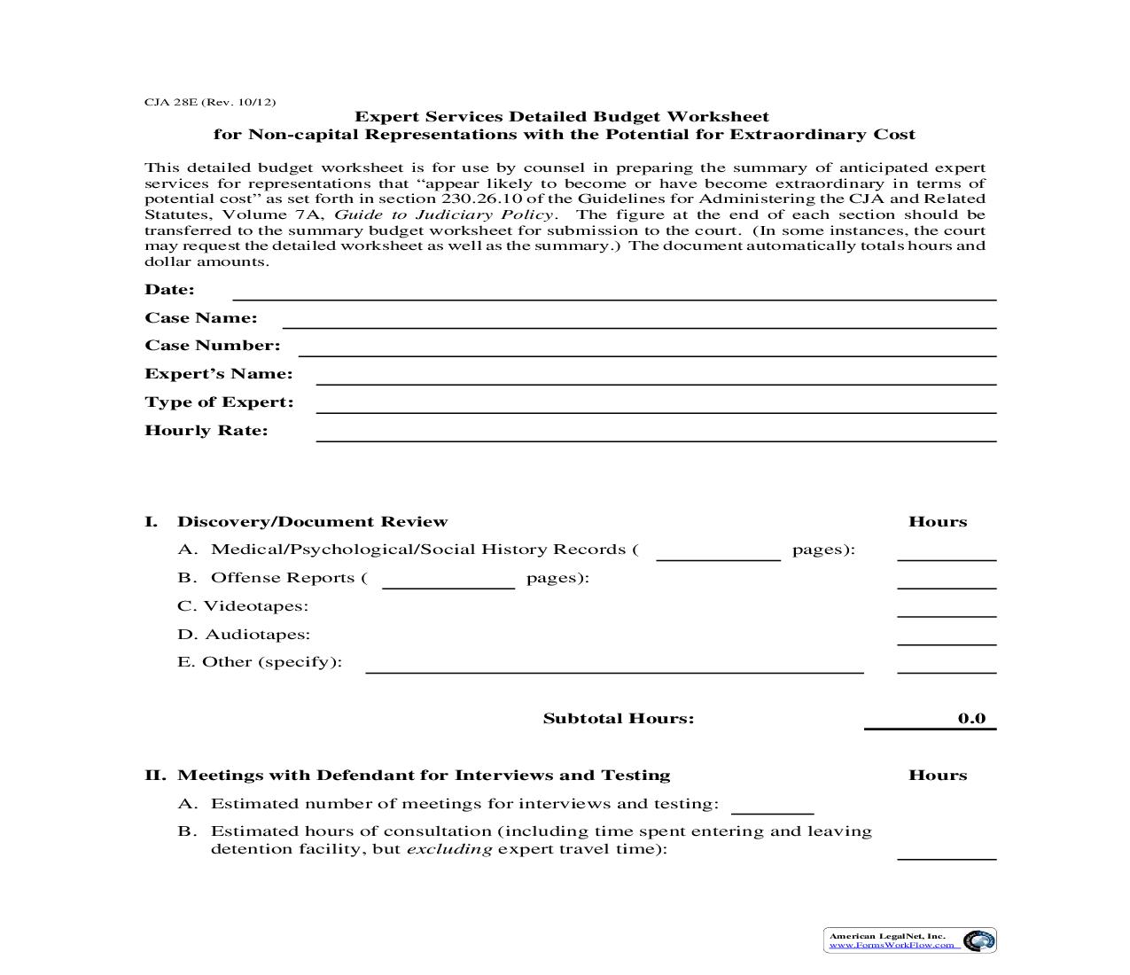Expert Services Detailed Budget Worksheet {CJA 28E} | Pdf Fpdf Doc Docx | Official Federal Forms