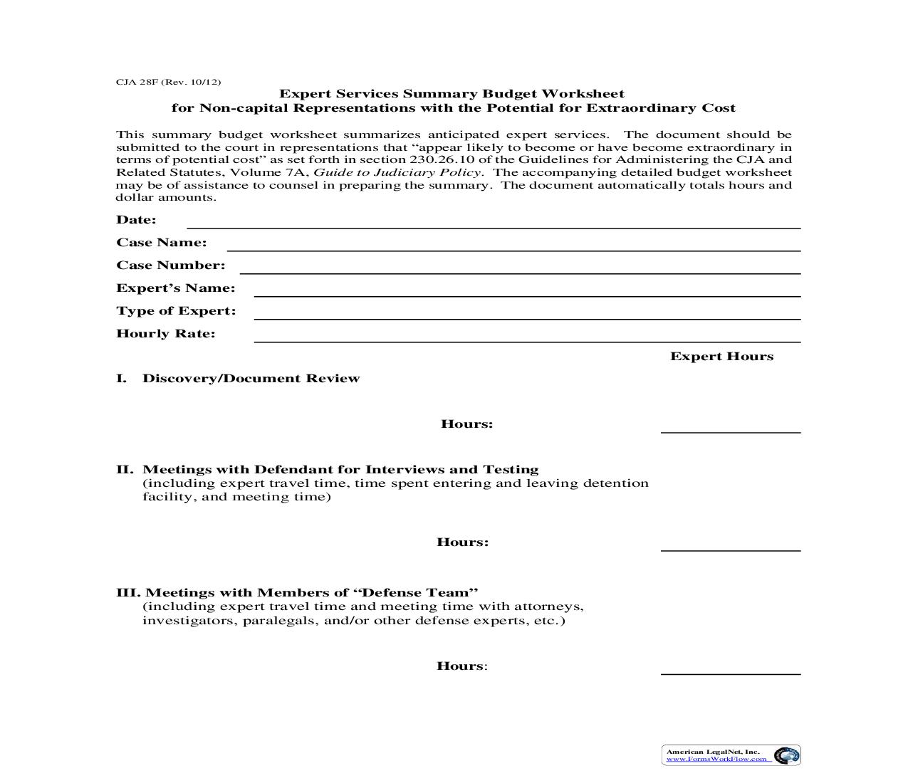 Expert Services Summary Budget Worksheet {CJA 28F} | Pdf Fpdf Doc Docx | Official Federal Forms