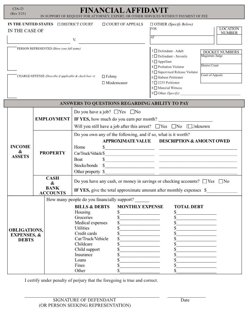 Financial Affidavit {CJA 23} | Pdf Fpdf Doc Docx | Official Federal Forms