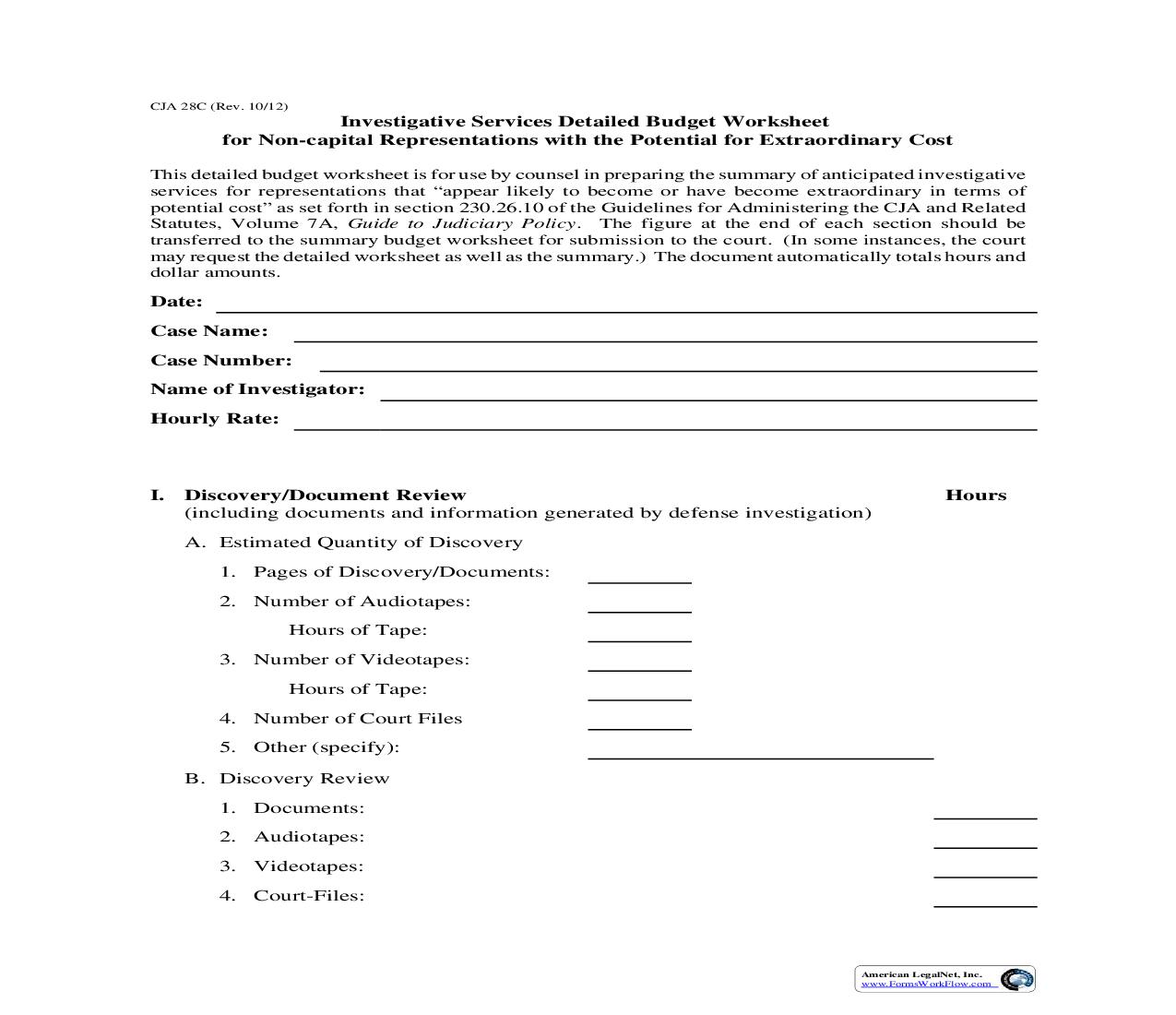 Investigative Services Detailed Budget Worksheet {CJA 28C} | Pdf Fpdf Doc Docx | Official Federal Forms