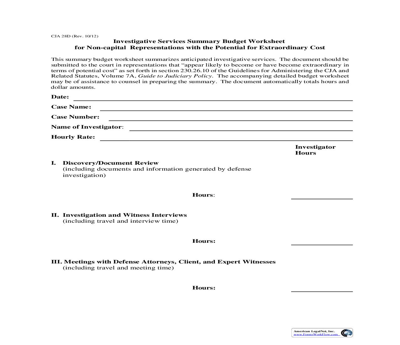 Investigative Services Summary Budget Worksheet {CJA 28D} | Pdf Fpdf Doc Docx | Official Federal Forms