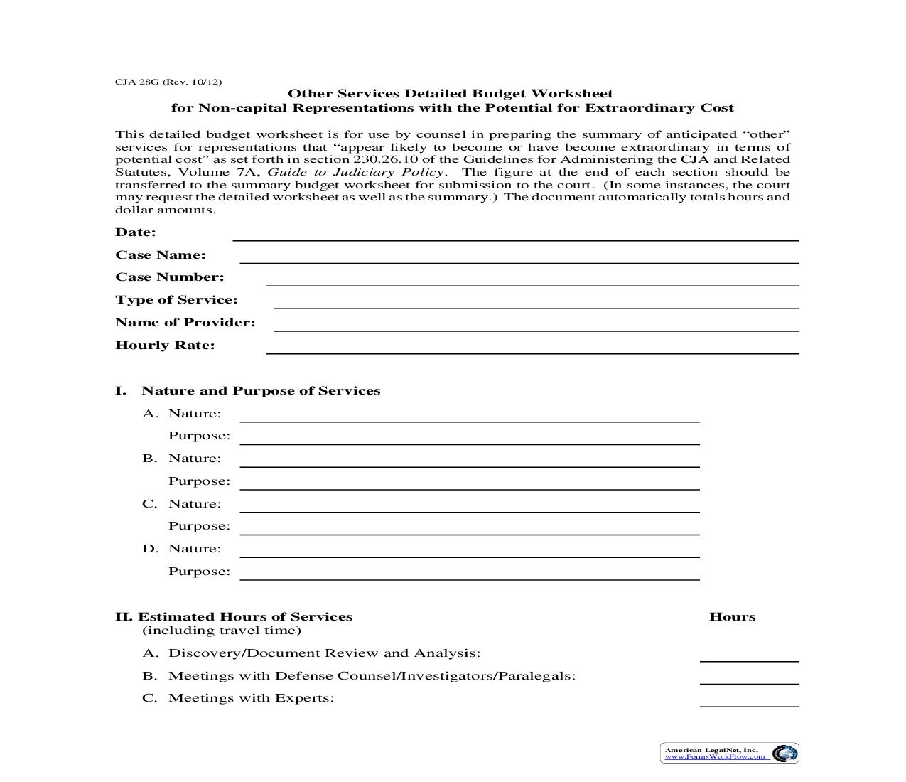 Other Services Detailed Budget Worksheet {CJA 28G} | Pdf Fpdf Doc Docx | Official Federal Forms