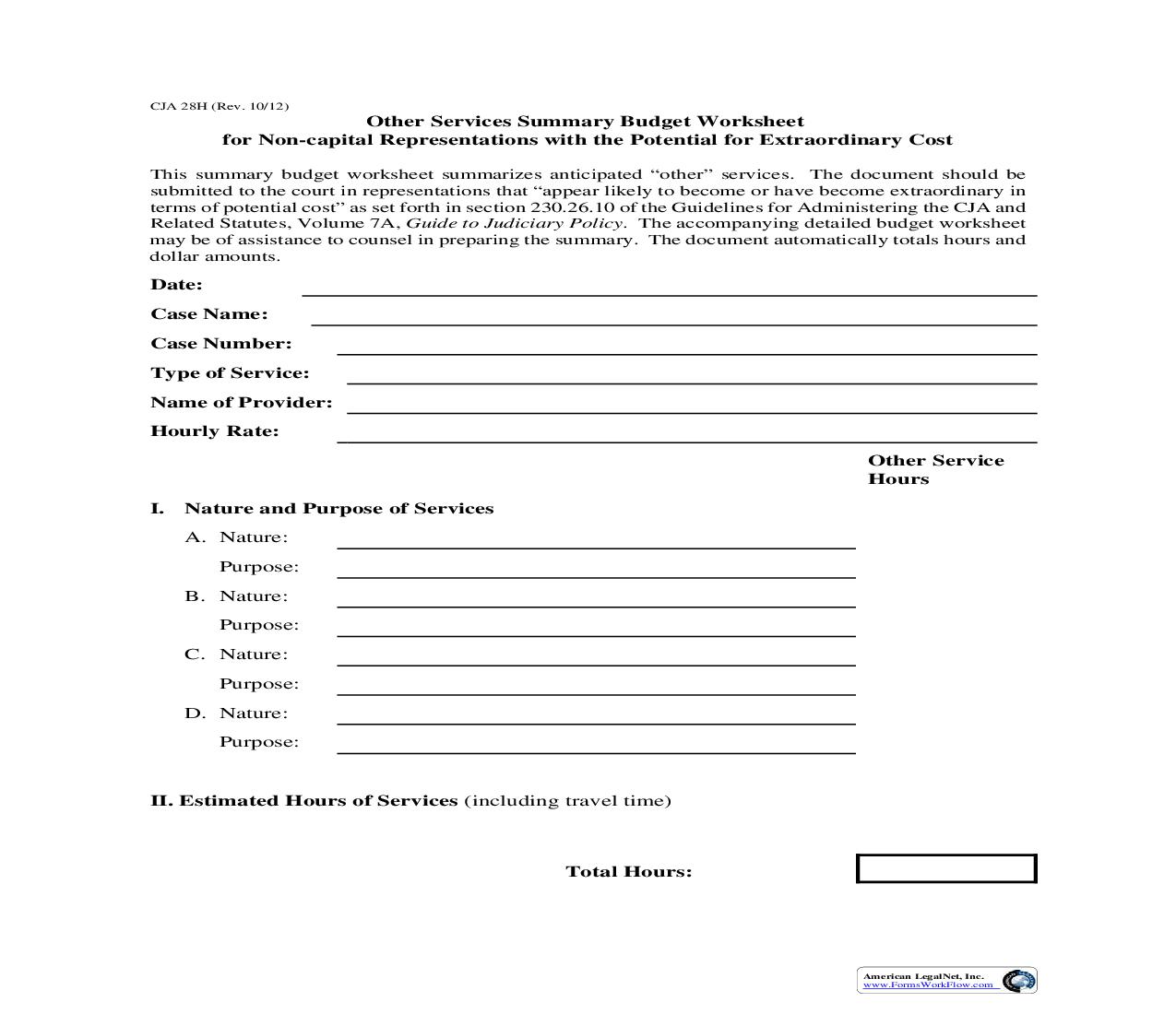 Other Services Summary Budget Worksheet {CJA 28H} | Pdf Fpdf Doc Docx | Official Federal Forms