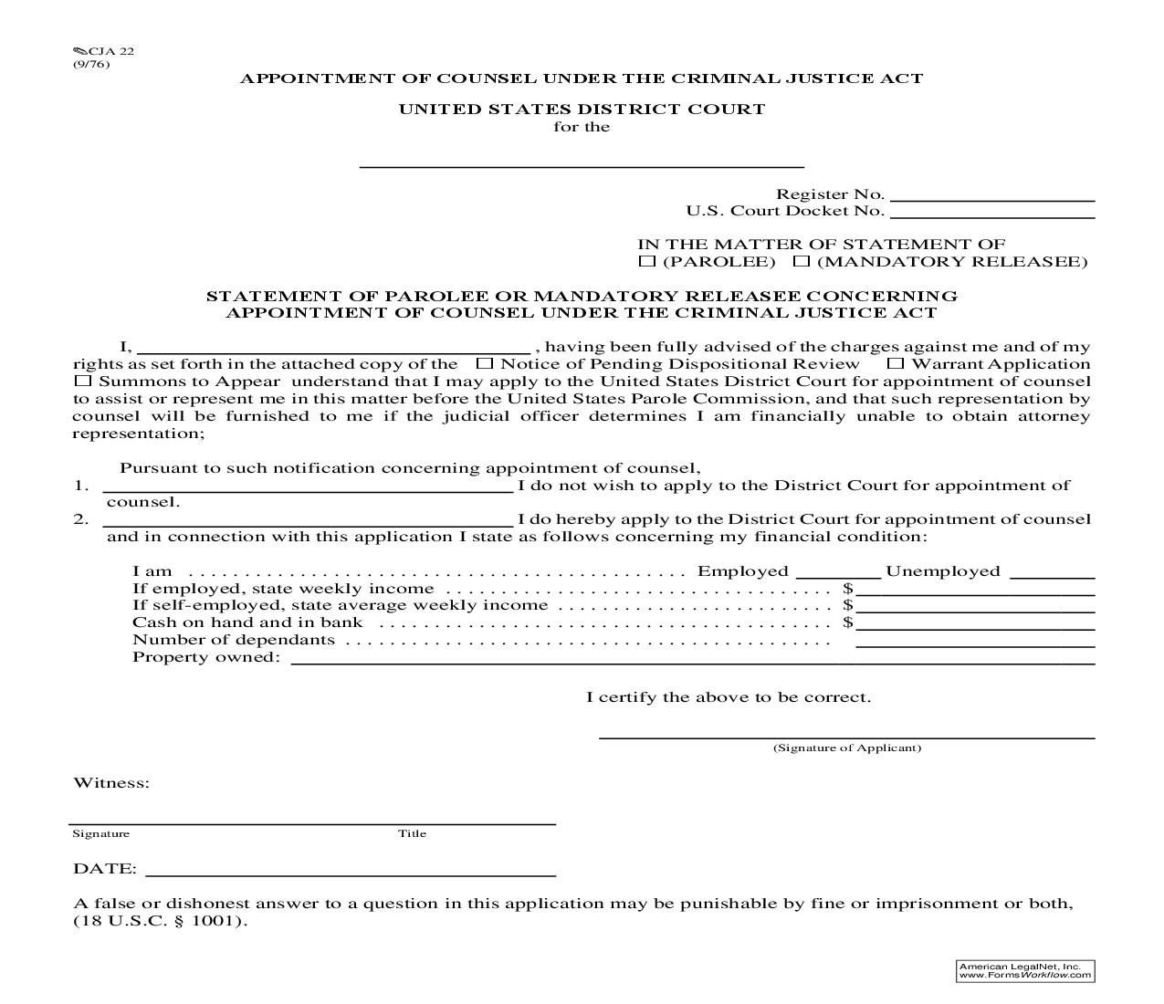 Statement Of Parolee Or Mandatory Release Concerning Appointment Of Counsel {CJA 22} | Pdf Fpdf Doc Docx | Official Federal Forms