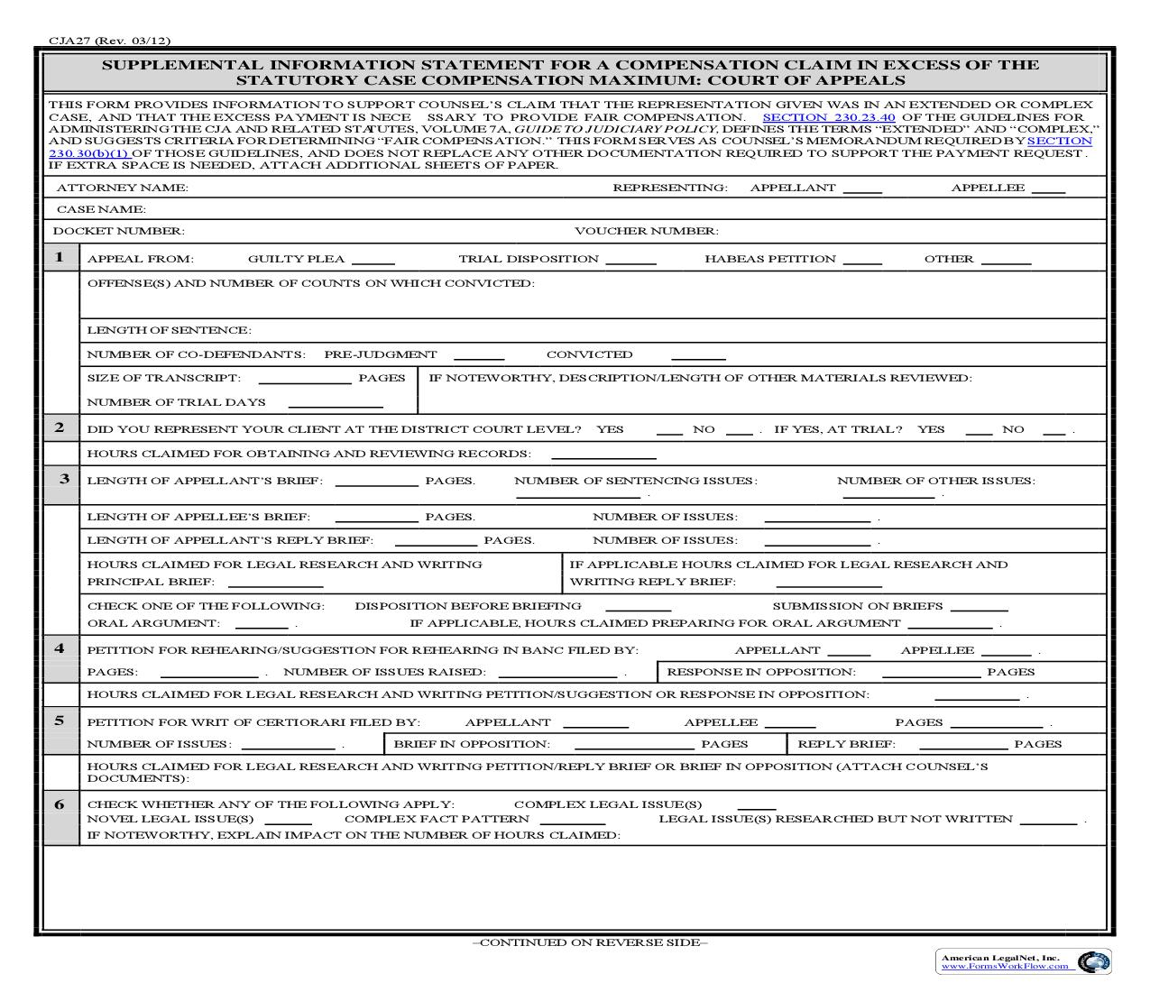 Supplemental Information Statement Claim In Excess Case Compensation Maximum (Court Of Appeals) {CJA 27} | Pdf Fpdf Doc Docx | Official Federal Forms