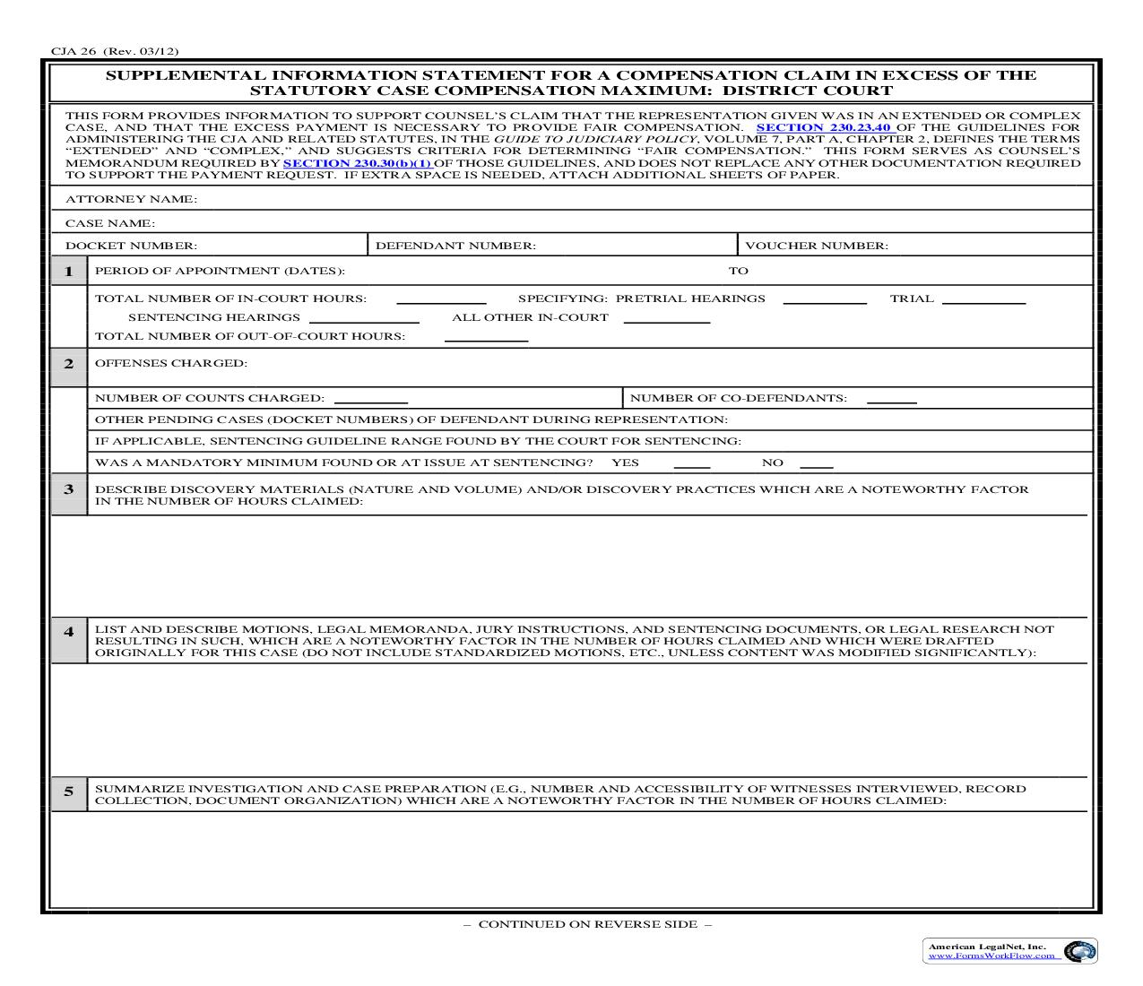 Supplemental Information Statement Claim In Excess Case Compensation Maximum (District Court) {CJA 26} | Pdf Fpdf Doc Docx | Official Federal Forms