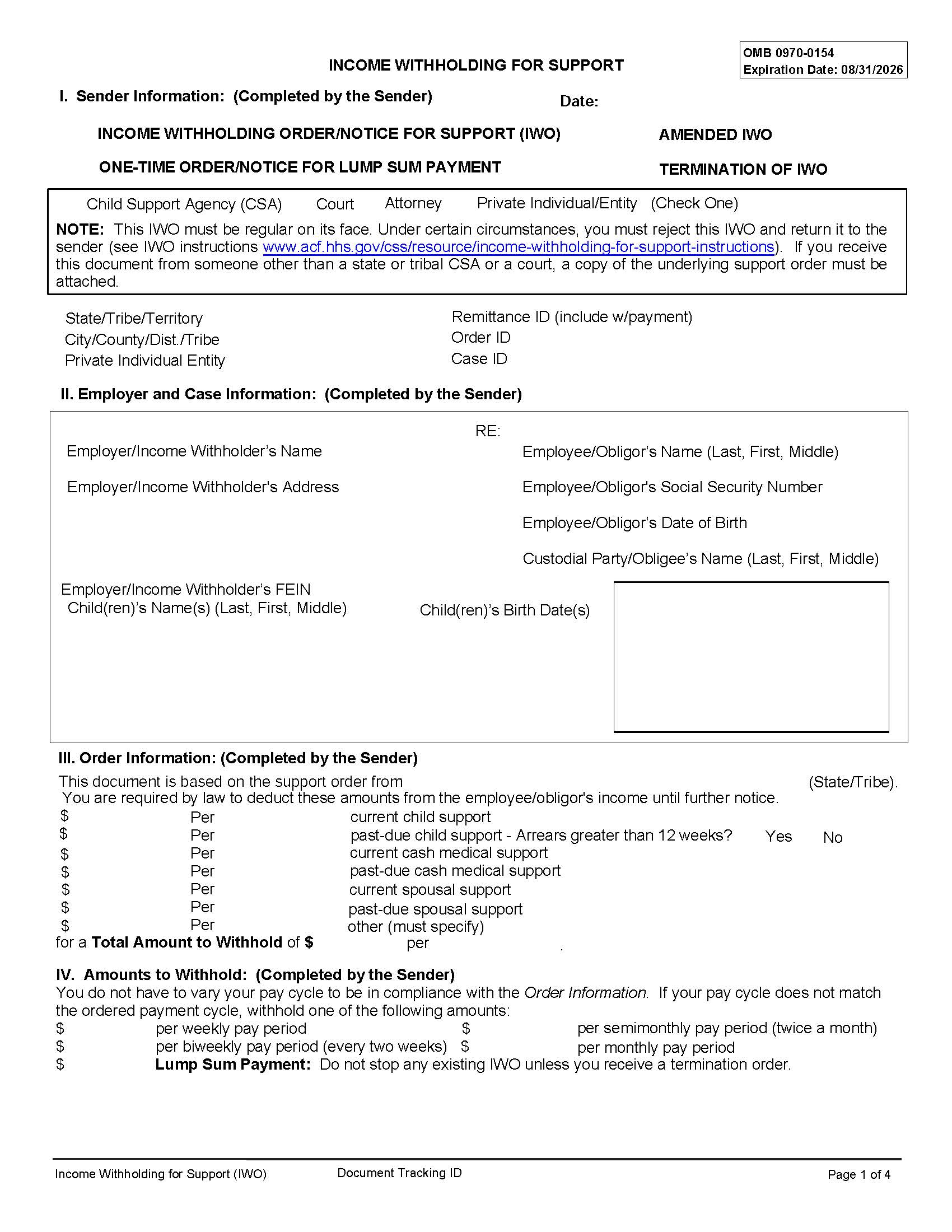 Income Withholding For Support (IWO) Form | Pdf Fpdf Docx | Official Federal Forms
