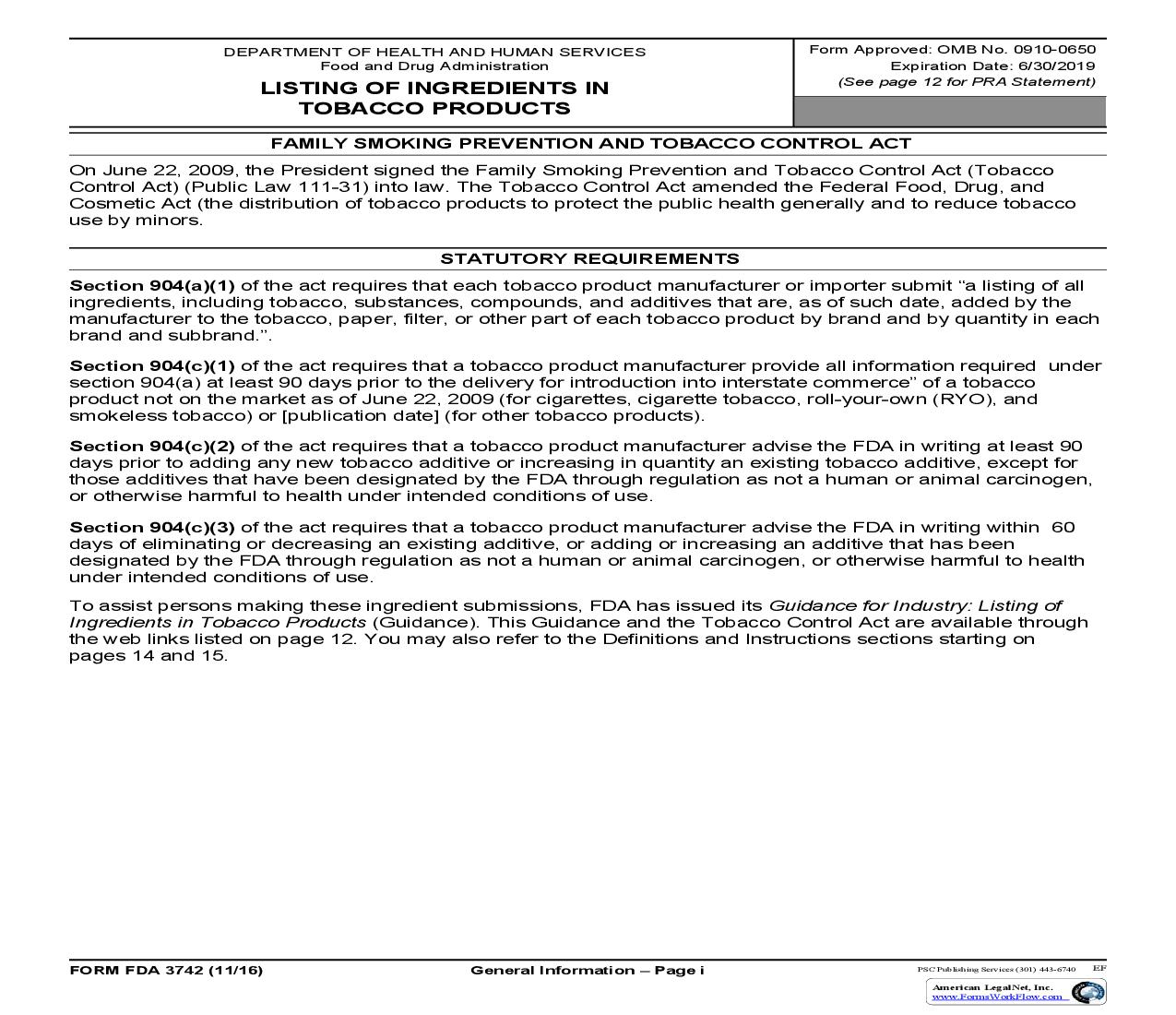 Listing Of Ingredients In Tobacco Products {FDA 3742} | Pdf Fpdf Doc Docx | Official Federal Forms