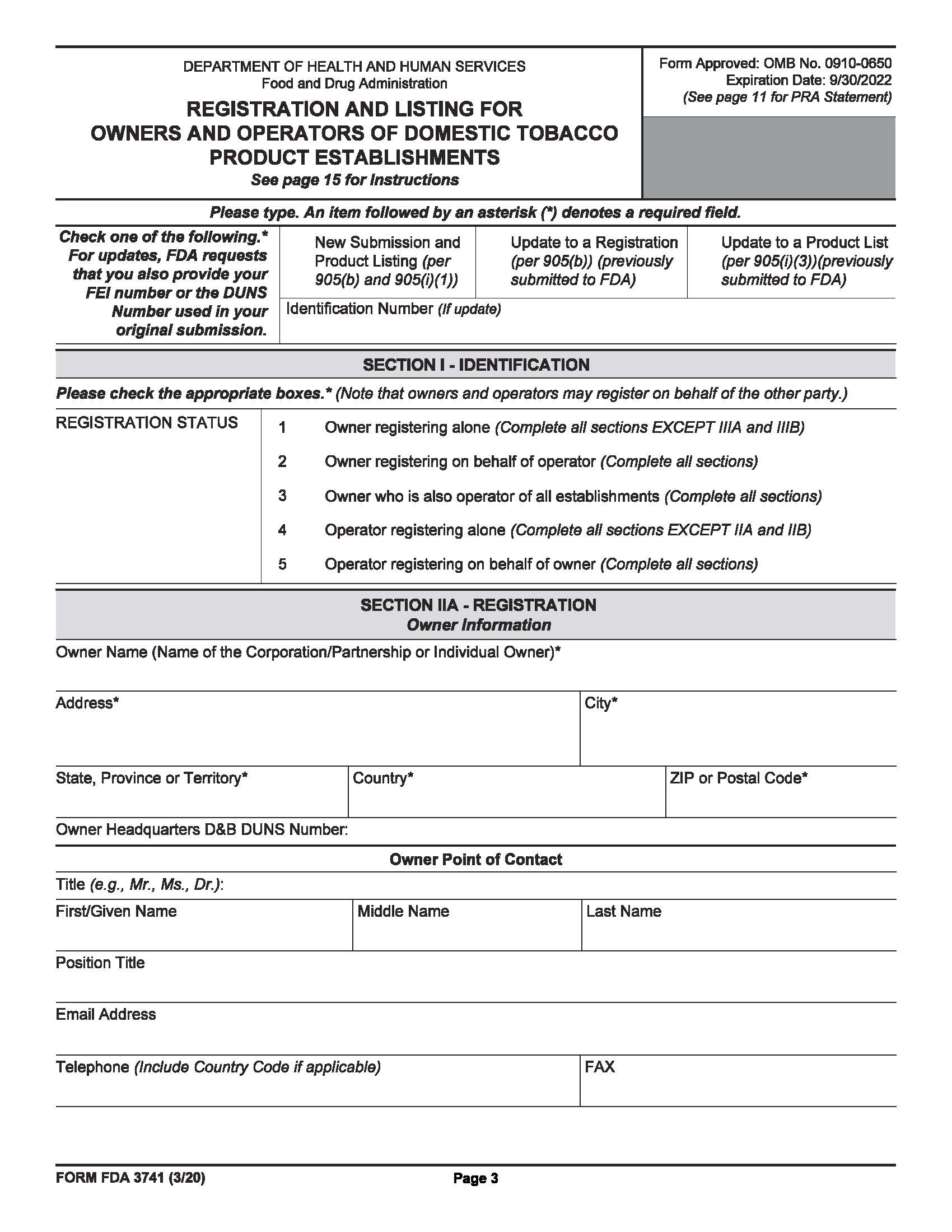 Registration And Listing For Owners And Operators Of Domestic Tobacco Product Establishments {FDA 3741} | Pdf Fpdf Doc Docx | Official Federal Forms