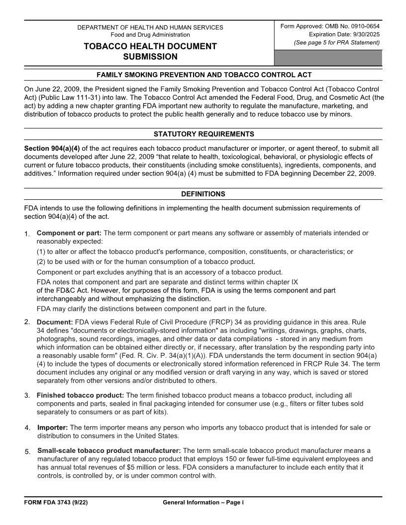 Tobacco Health Document Submission {FDA 3743} | Pdf Fpdf Doc Docx | Official Federal Forms