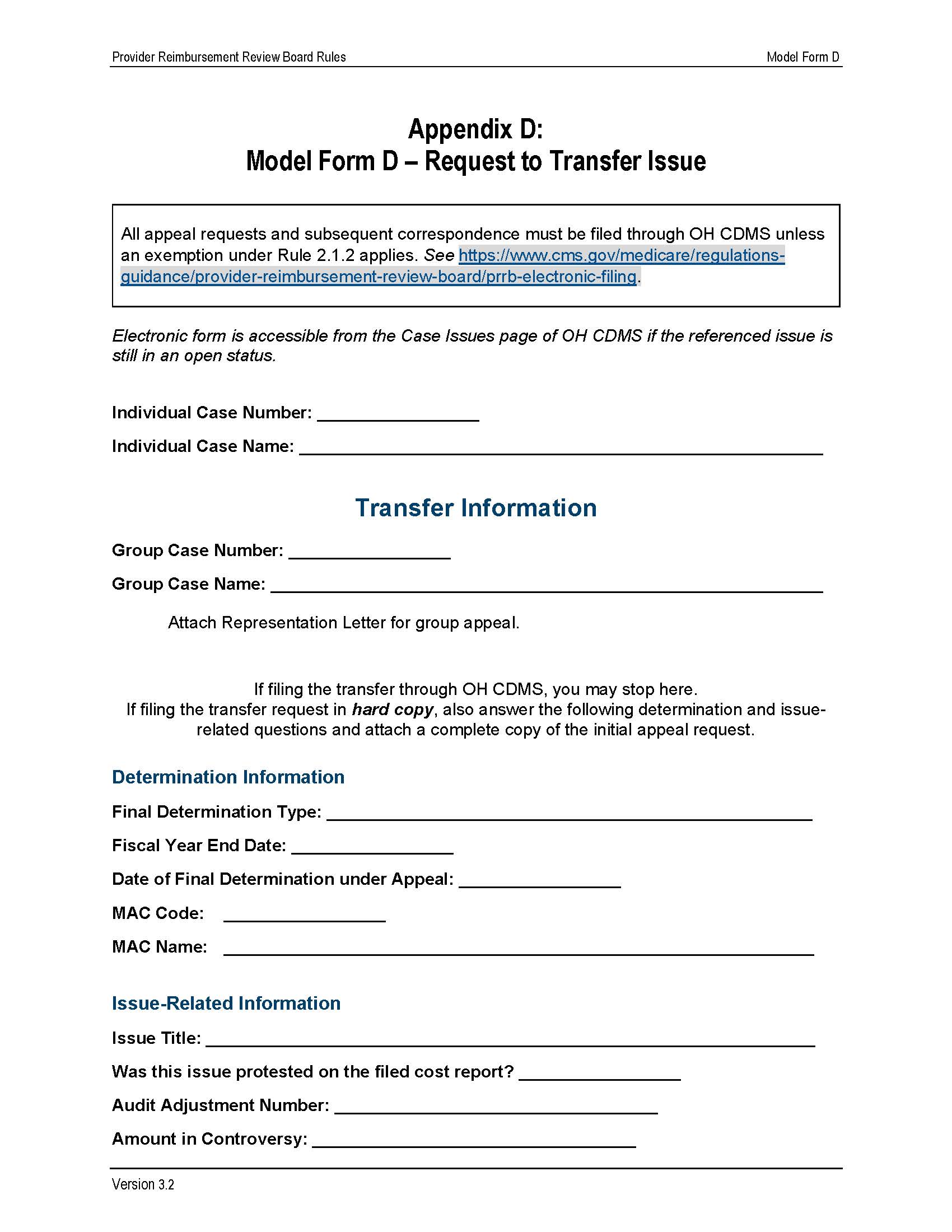 Model Form D-Request To Transfer Issue To A Group Appeal {D} | Pdf Fpdf Doc Docx | Official Federal Forms