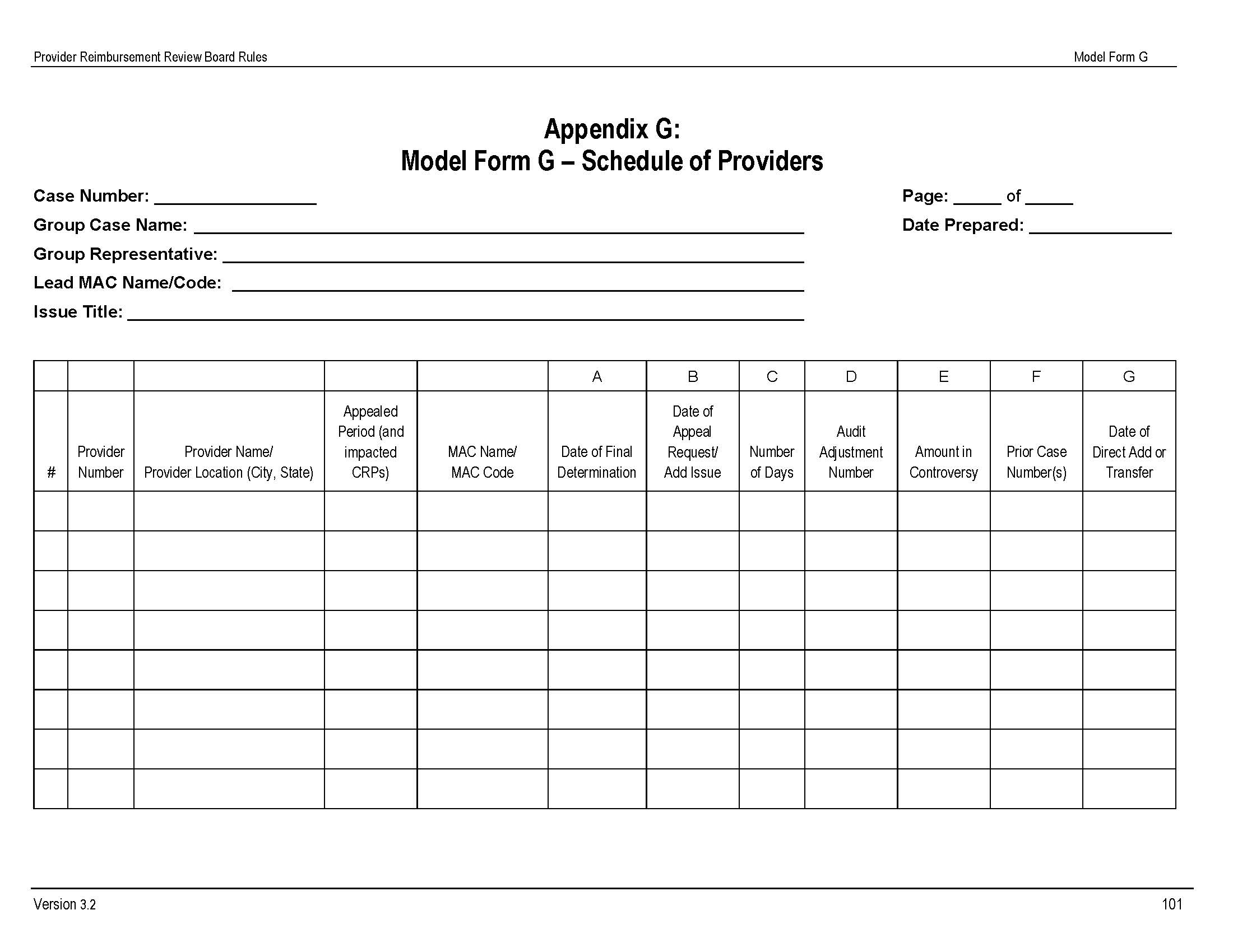 Model Form G Schedule Of Providers | Pdf Fpdf Docx | Official Federal Forms