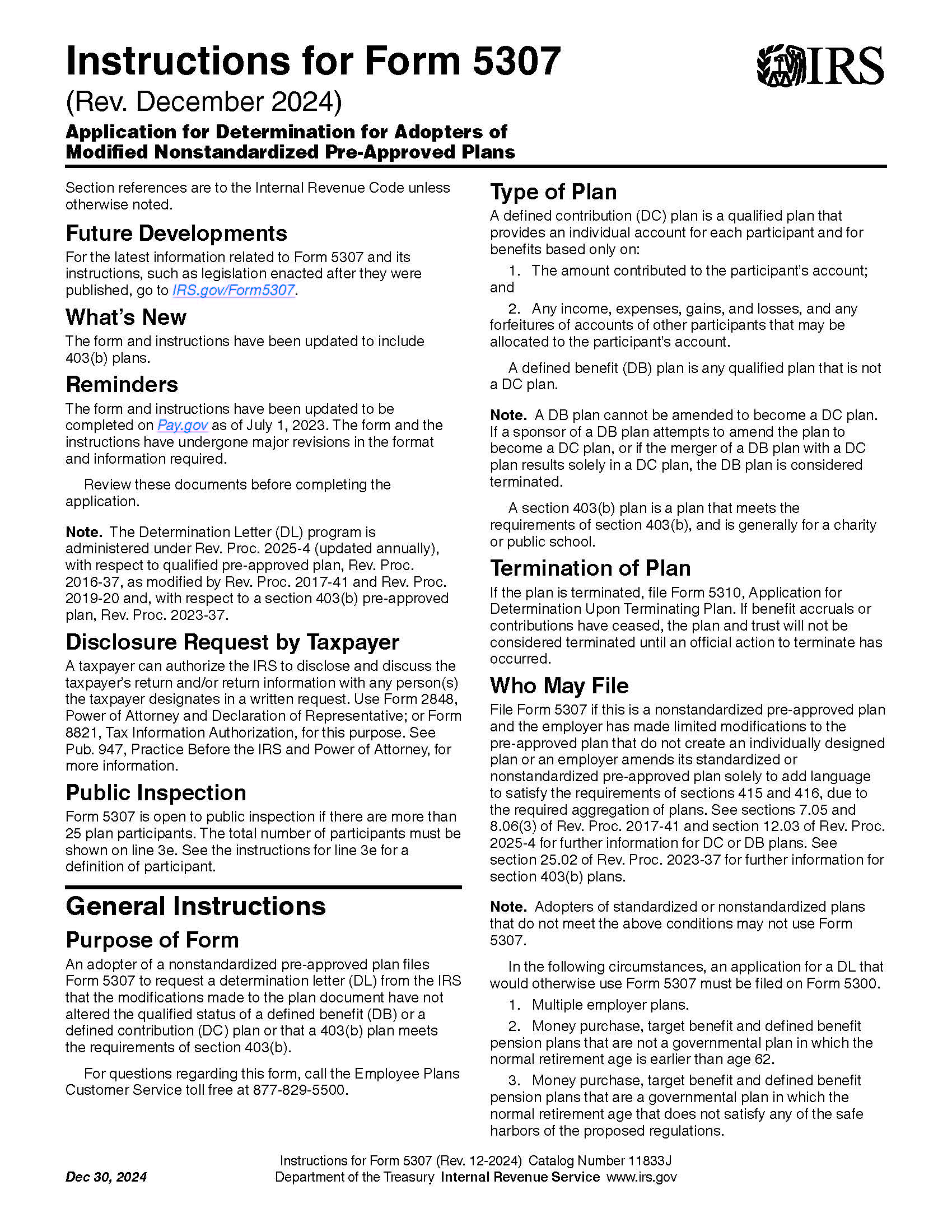 5307 Instructions For Form 5307 {5307} | Pdf Fpdf Doc Docx | Official Federal Forms