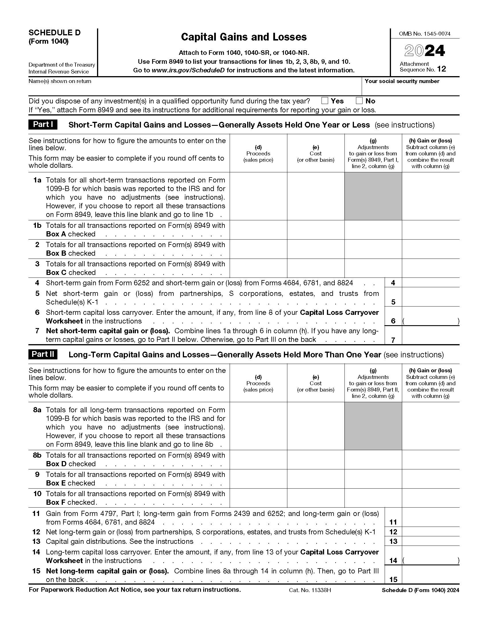 Form 1040 Schedule D Capital Gains And Losses {1040} | Pdf Fpdf Docx | Official Federal Forms