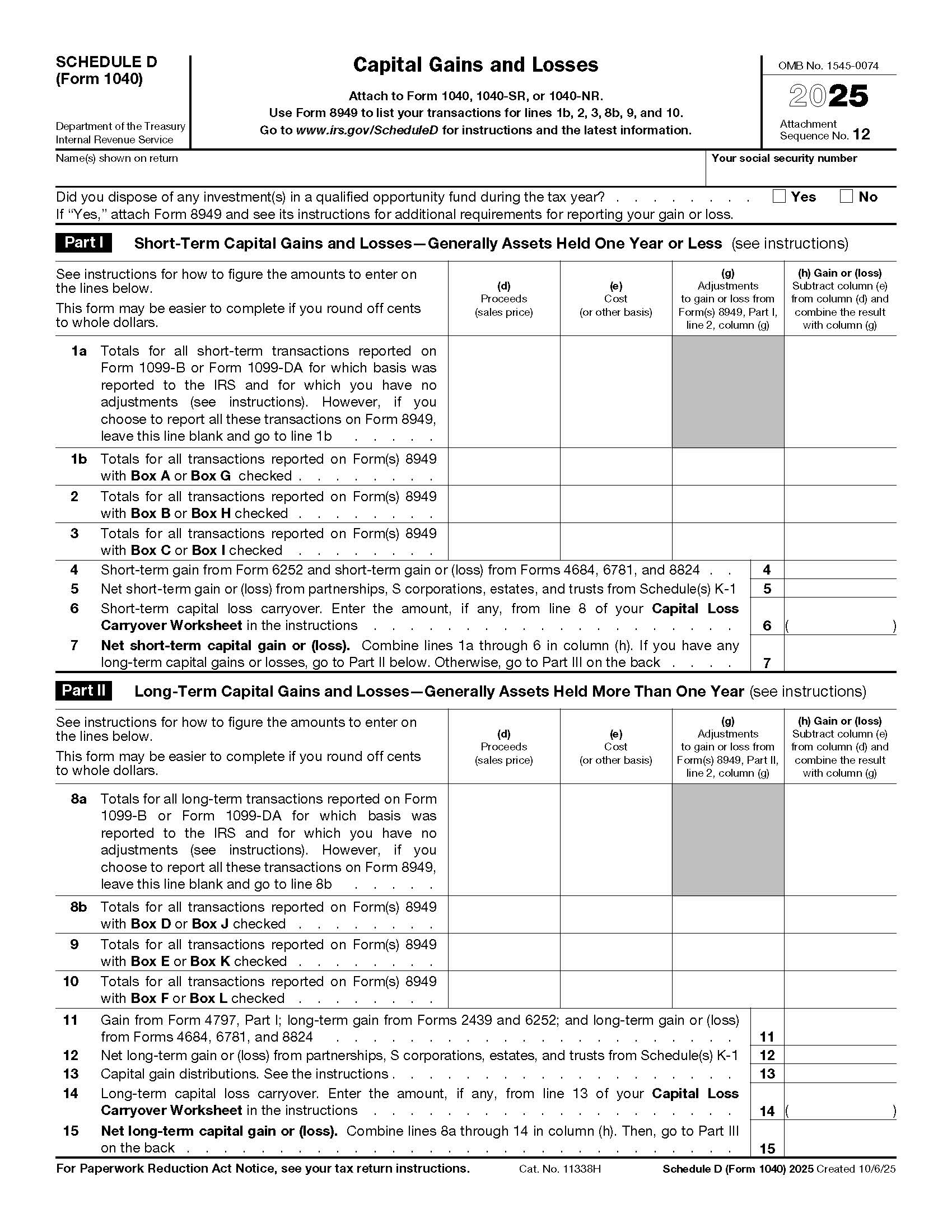 Form 1040 Schedule D Capital Gains And Losses {1040} | Pdf Fpdf Docx | Official Federal Forms