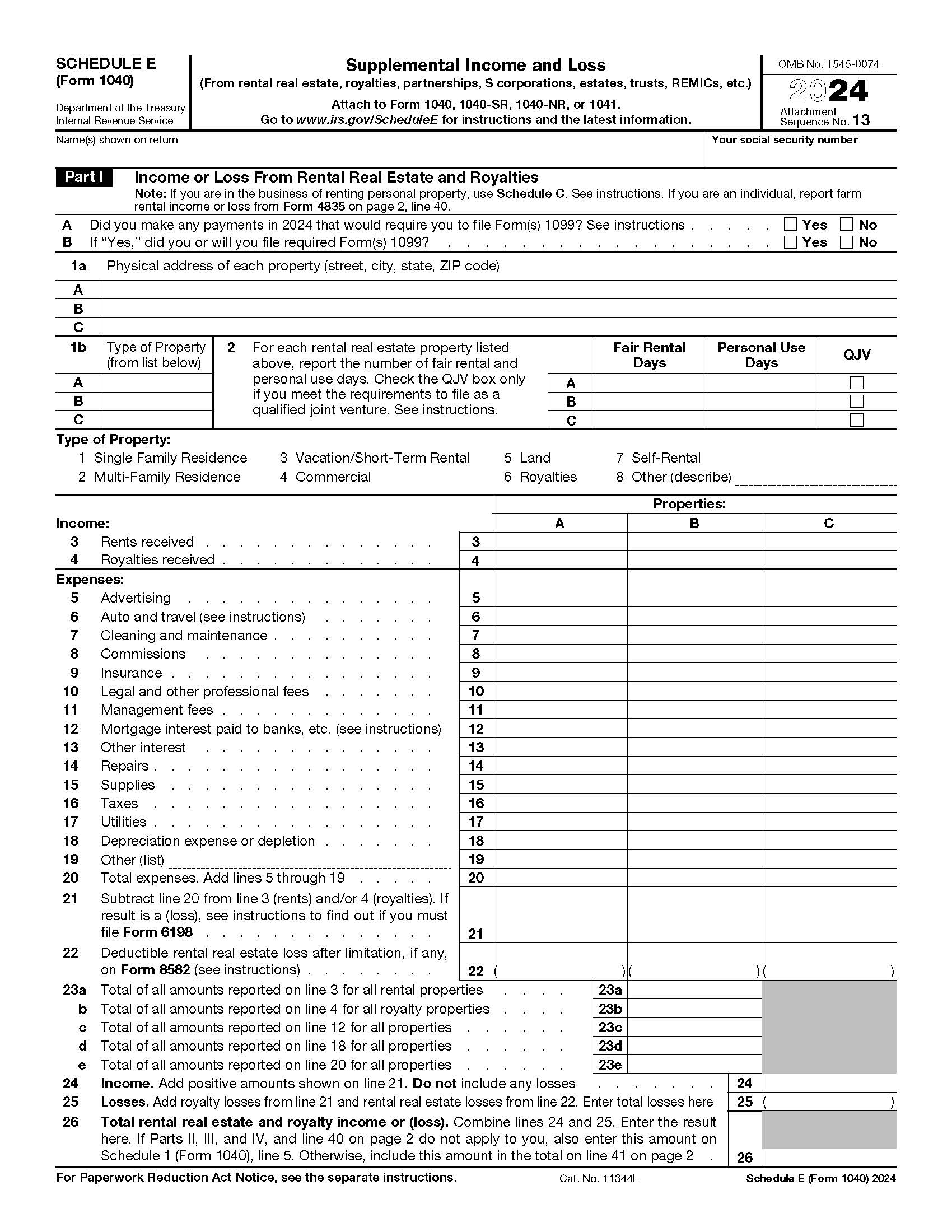 Form 1040 Schedule E Supplement Income And Loss {1040} | Pdf Fpdf Docx | Official Federal Forms