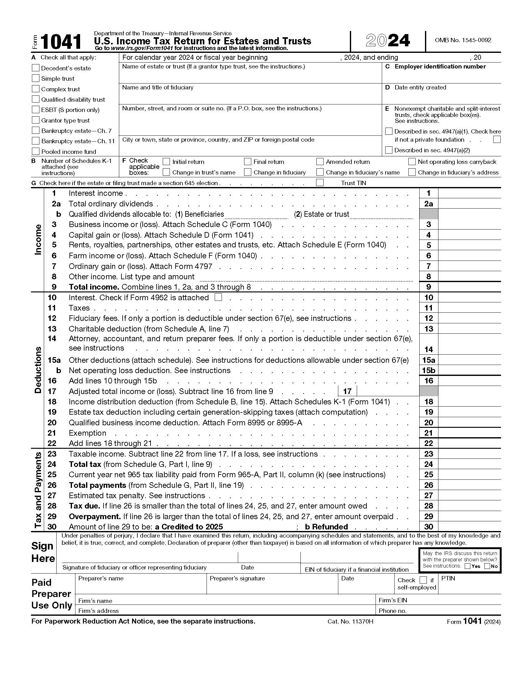 Form 1041 US Income Tax Return For Estates And Trusts {1041} | Pdf Fpdf Docx | Official Federal Forms