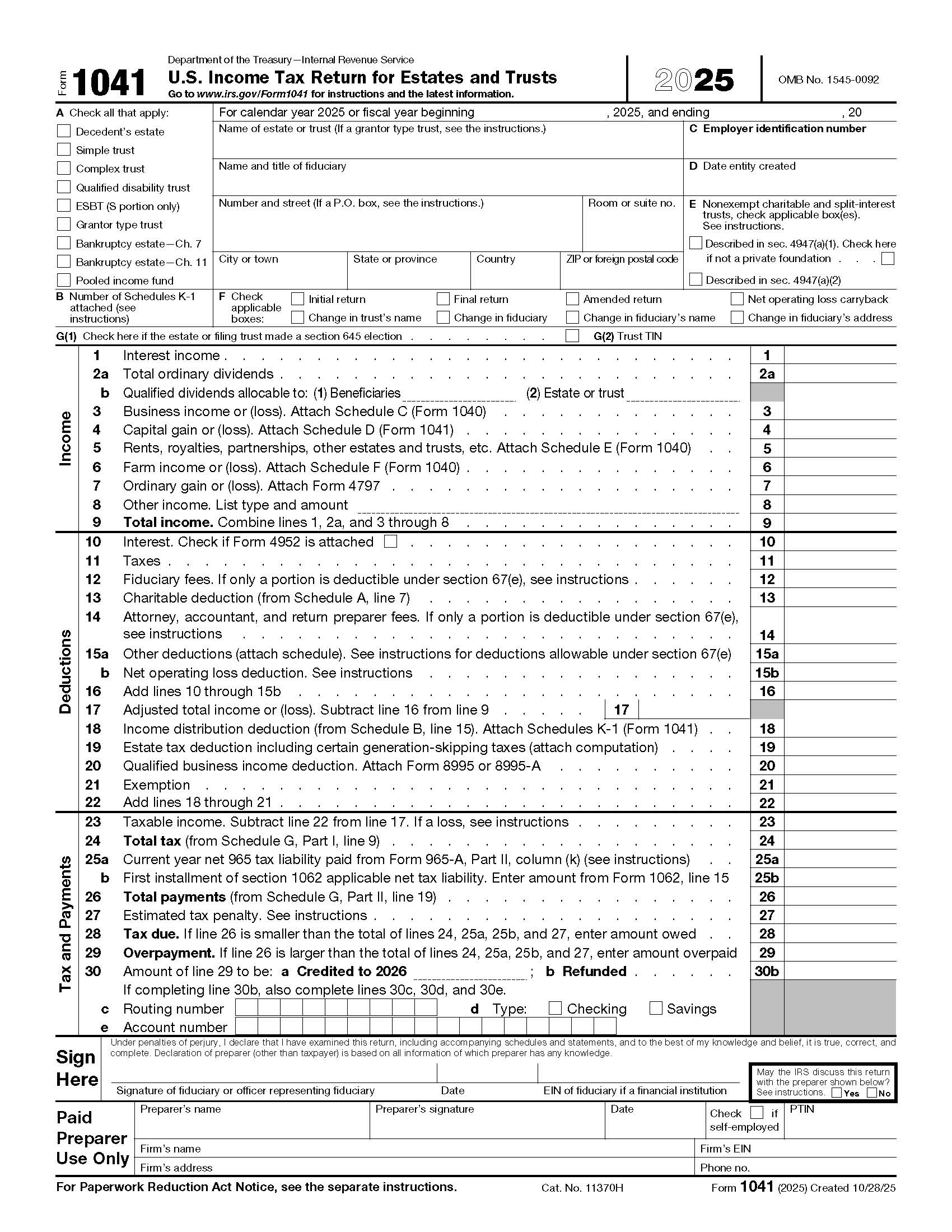 Form 1041 US Income Tax Return For Estates And Trusts {1041} | Pdf Fpdf Docx | Official Federal Forms