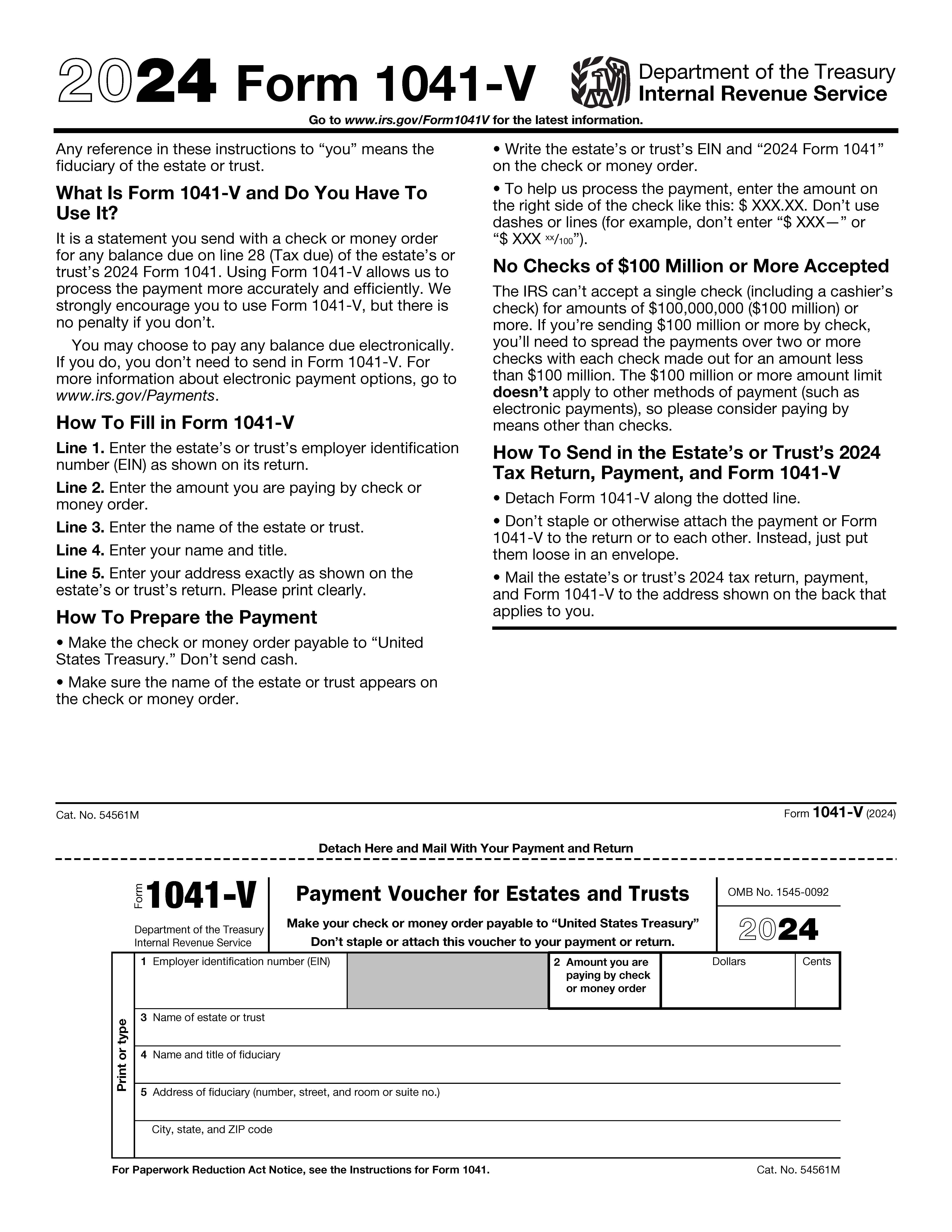 Form 1041-V Payment Voucher {1041-V} | Pdf Fpdf Docx | Official Federal Forms