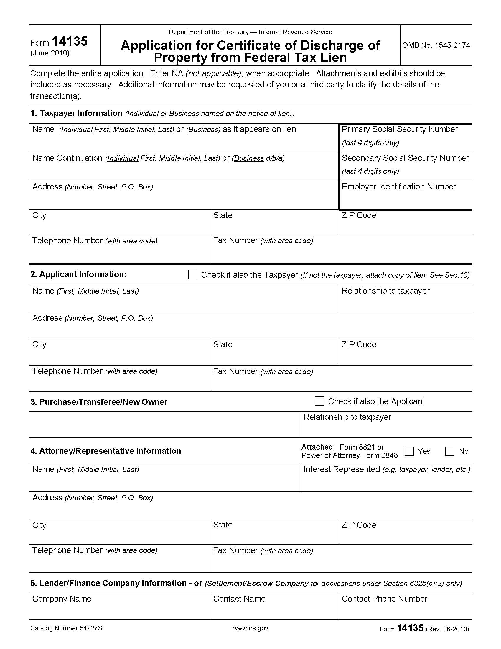 Form 14135 Application For Certificate Of Discharge Of Property From Federal Tax {14135} | Pdf Fpdf Doc Docx | Official Federal Forms