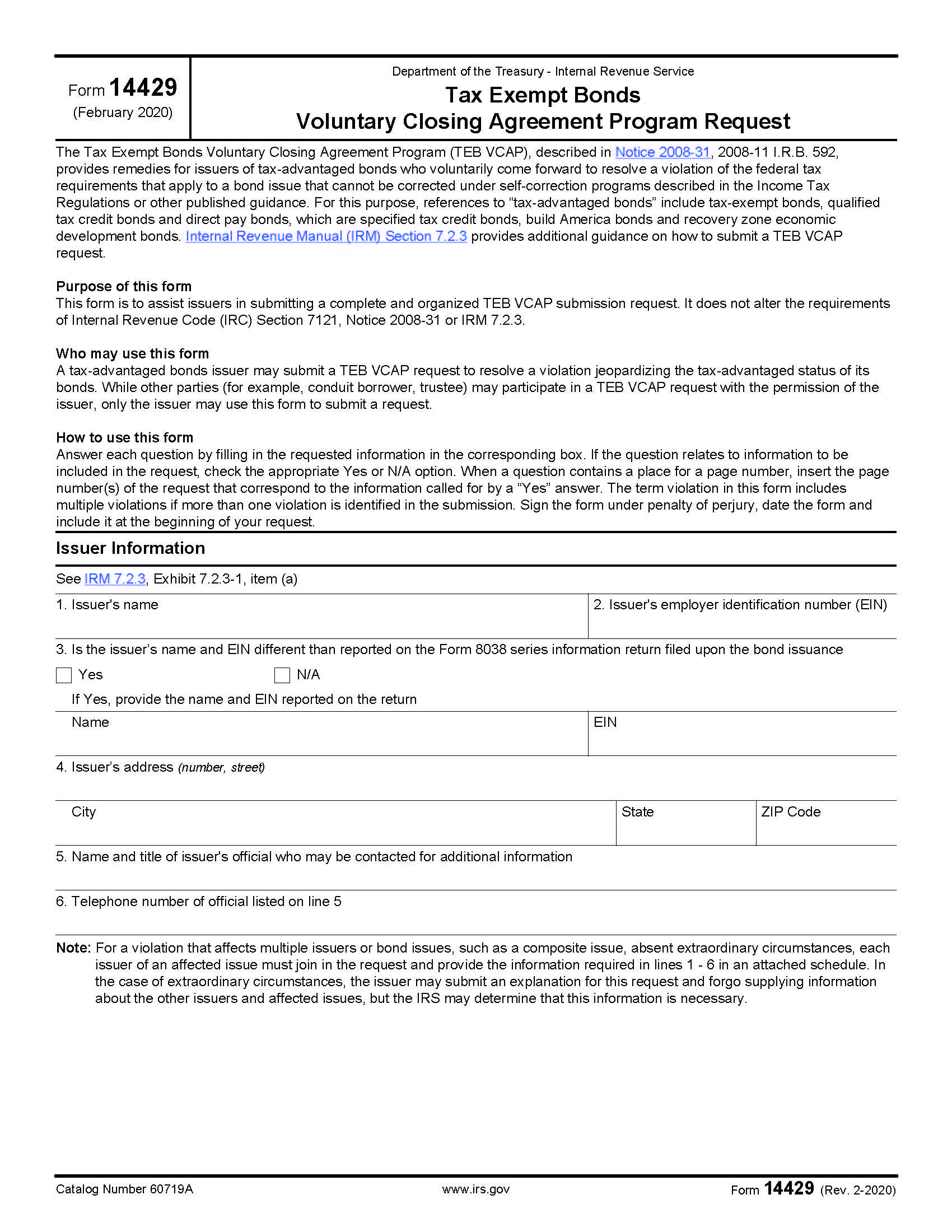 Form 14429 Tax Exempt Bonds Voluntary Closing Agreement Program Request {14429} | Pdf Fpdf Doc Docx | Official Federal Forms