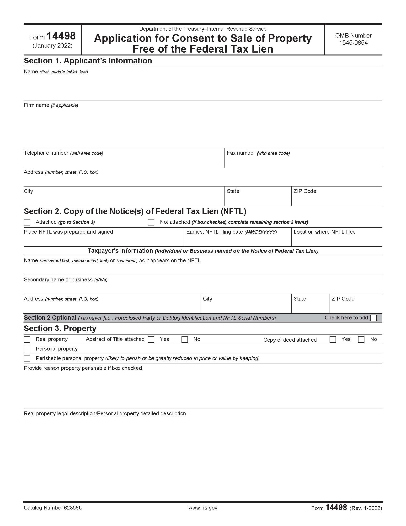Form 14498 Application For Consent To Sale Of Property {14498} | Pdf Fpdf Doc Docx | Official Federal Forms