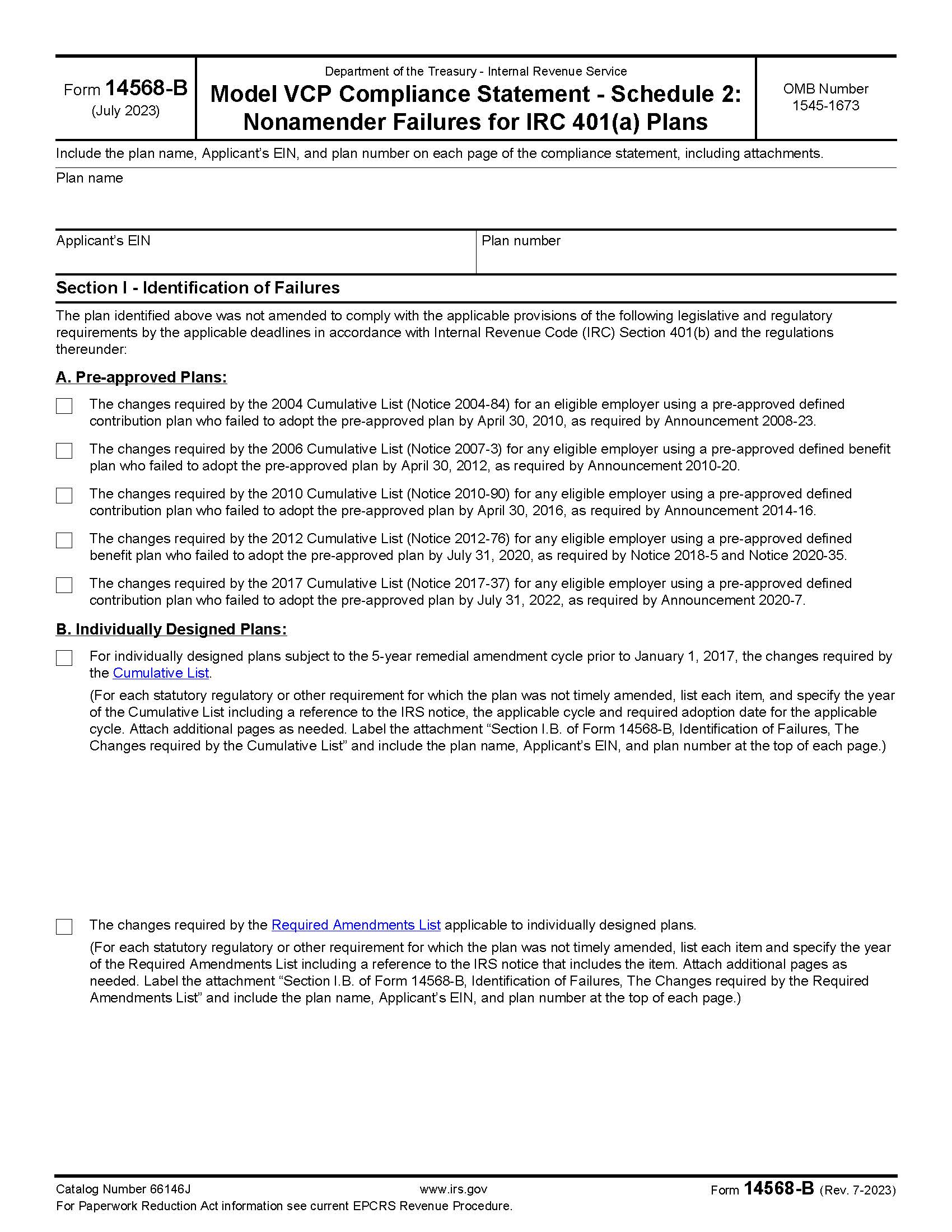 Form 14568-B Model VCP Compliance Statement Schedule 2 Other Nonamender Failures {14568-B} | Pdf Fpdf Docx | Official Federal Forms