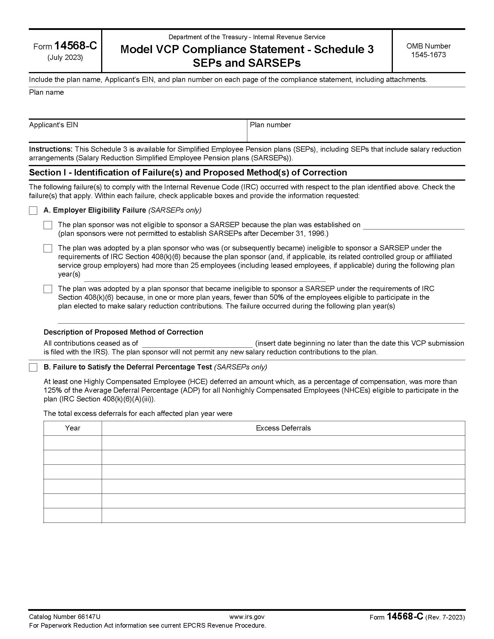 Form 14568-C Model VCP Compliance Statement Schedule 3 SEPs And SARSEPs {14568-C} | Pdf Fpdf Doc Docx | Official Federal Forms