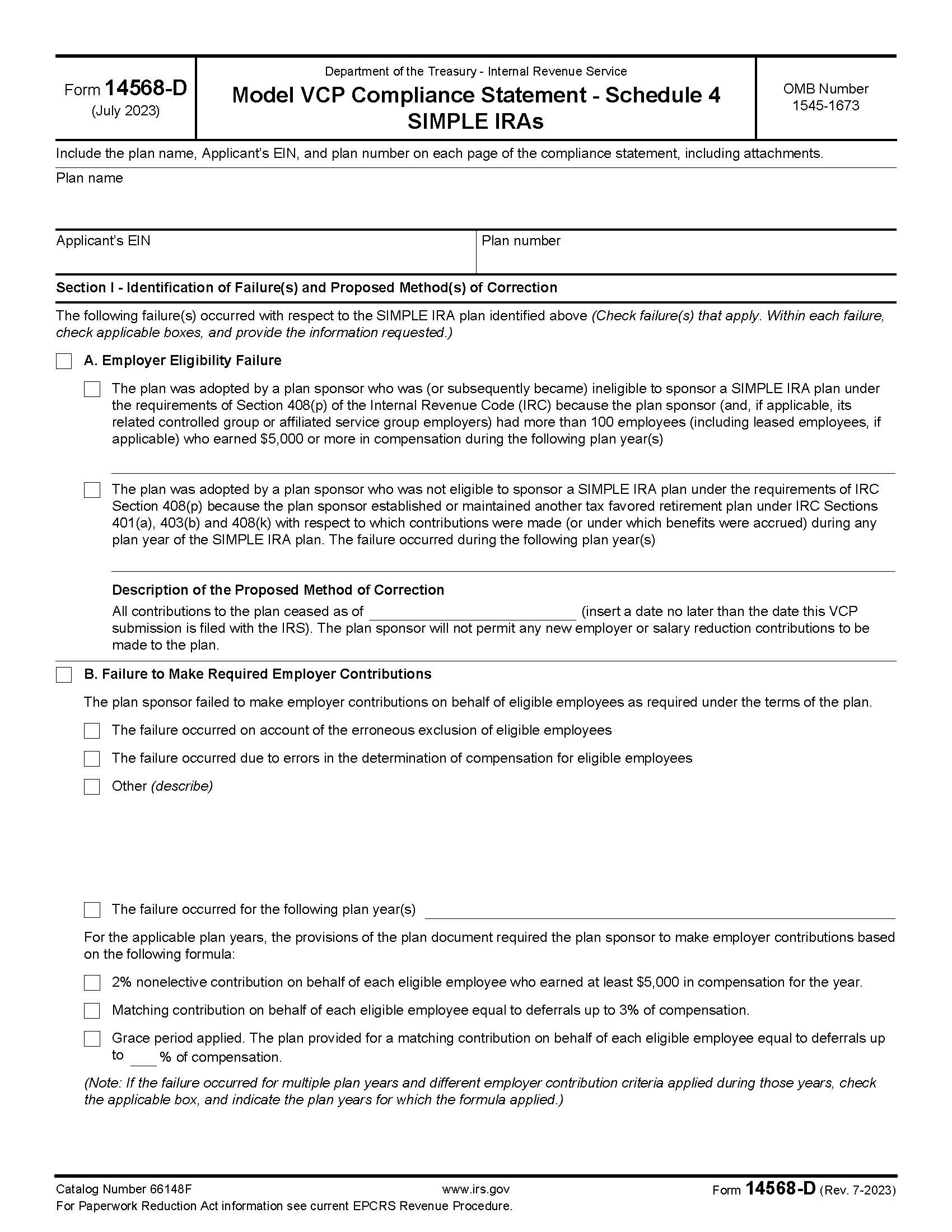 Form 14568-D Model VCP Compliance Statement Schedule 4 SIMPLE IRAs {14568-D} | Pdf Fpdf Doc Docx | Official Federal Forms